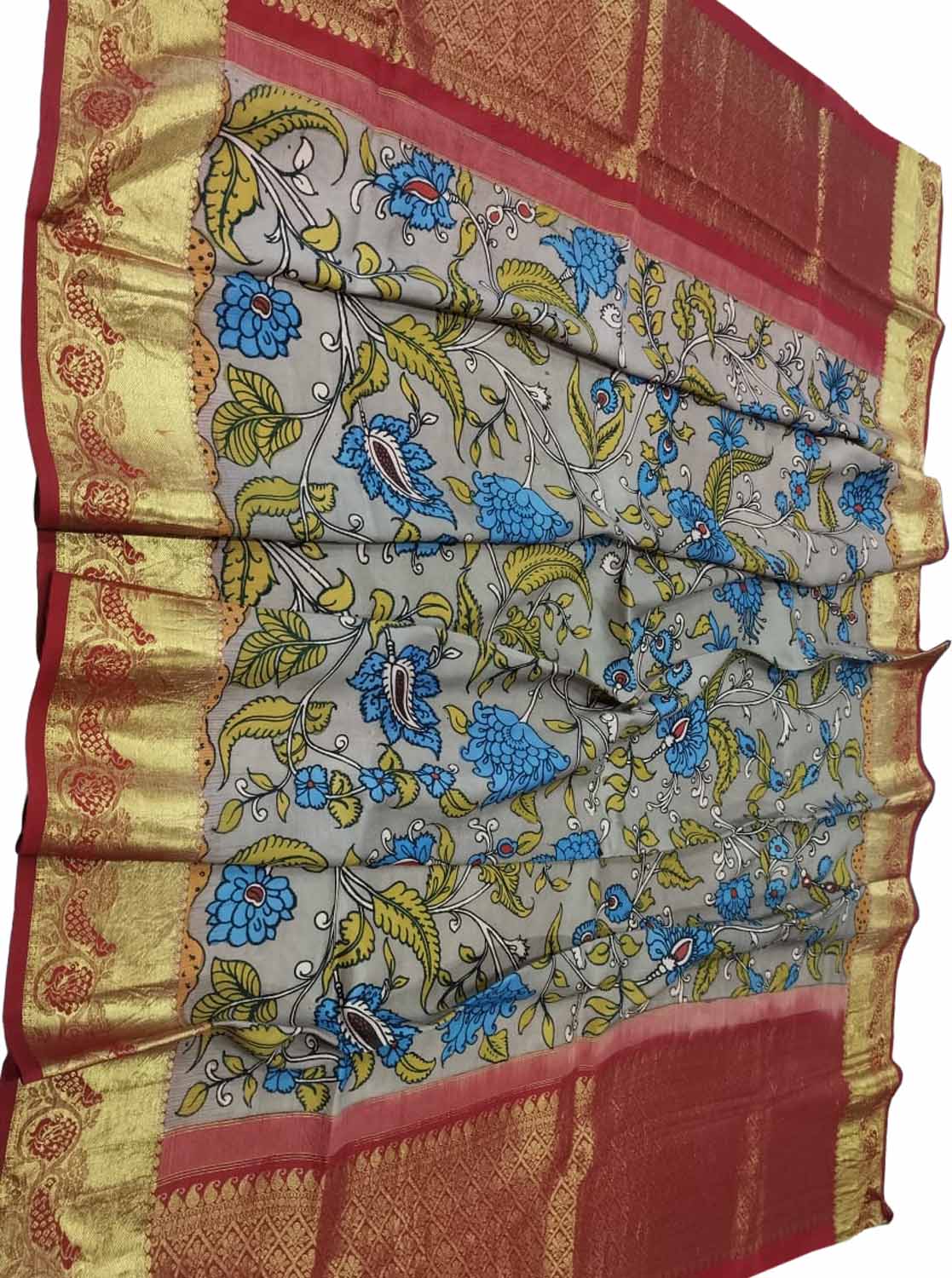 Multicolor Kalamkari Hand Painted Pure Silk Dupatta With Kanjeevaram Border - Luxurion World