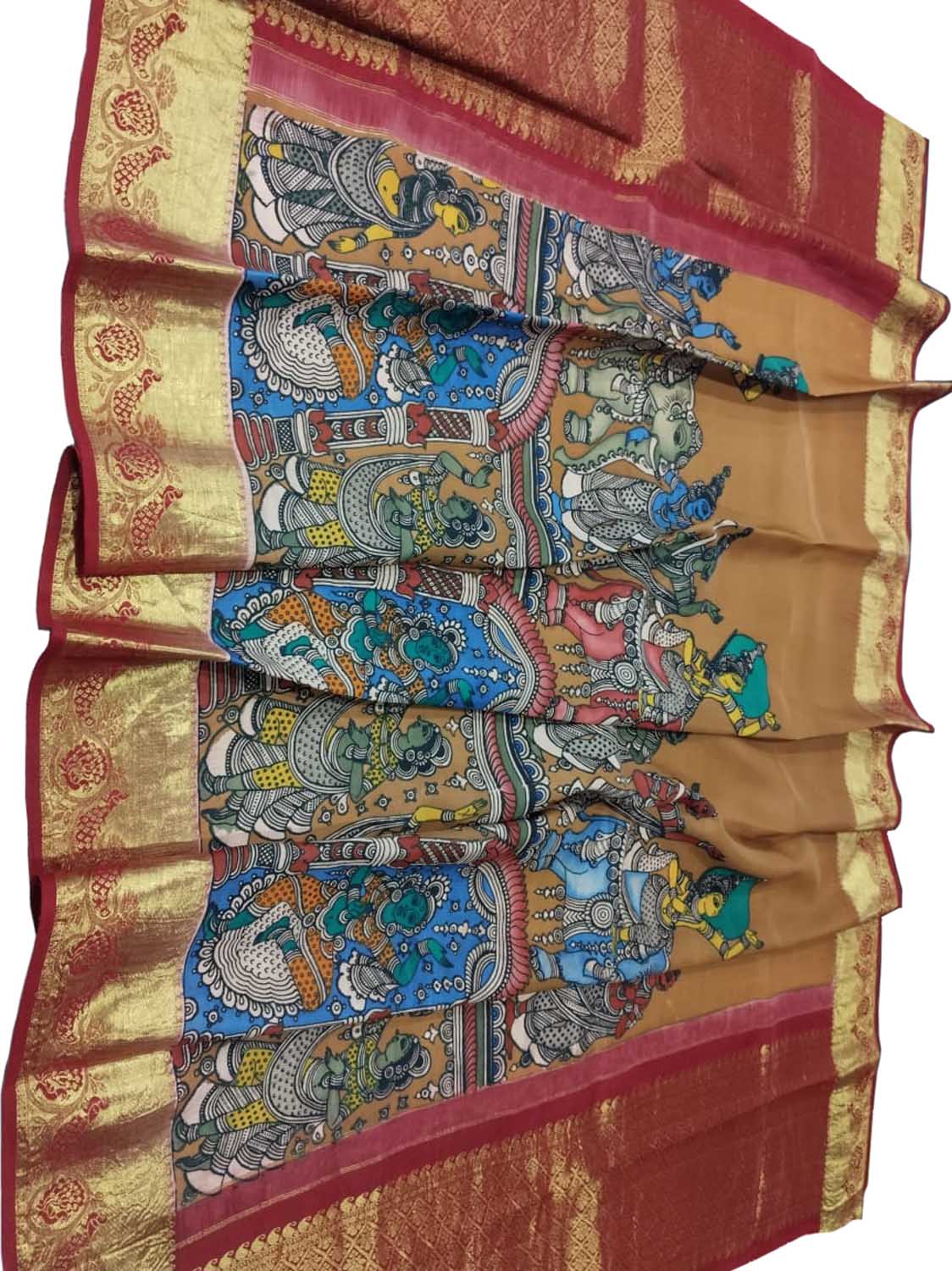 Multicolor Kalamkari Hand Painted Pure Silk Dupatta With Kanjeevaram Border - Luxurion World
