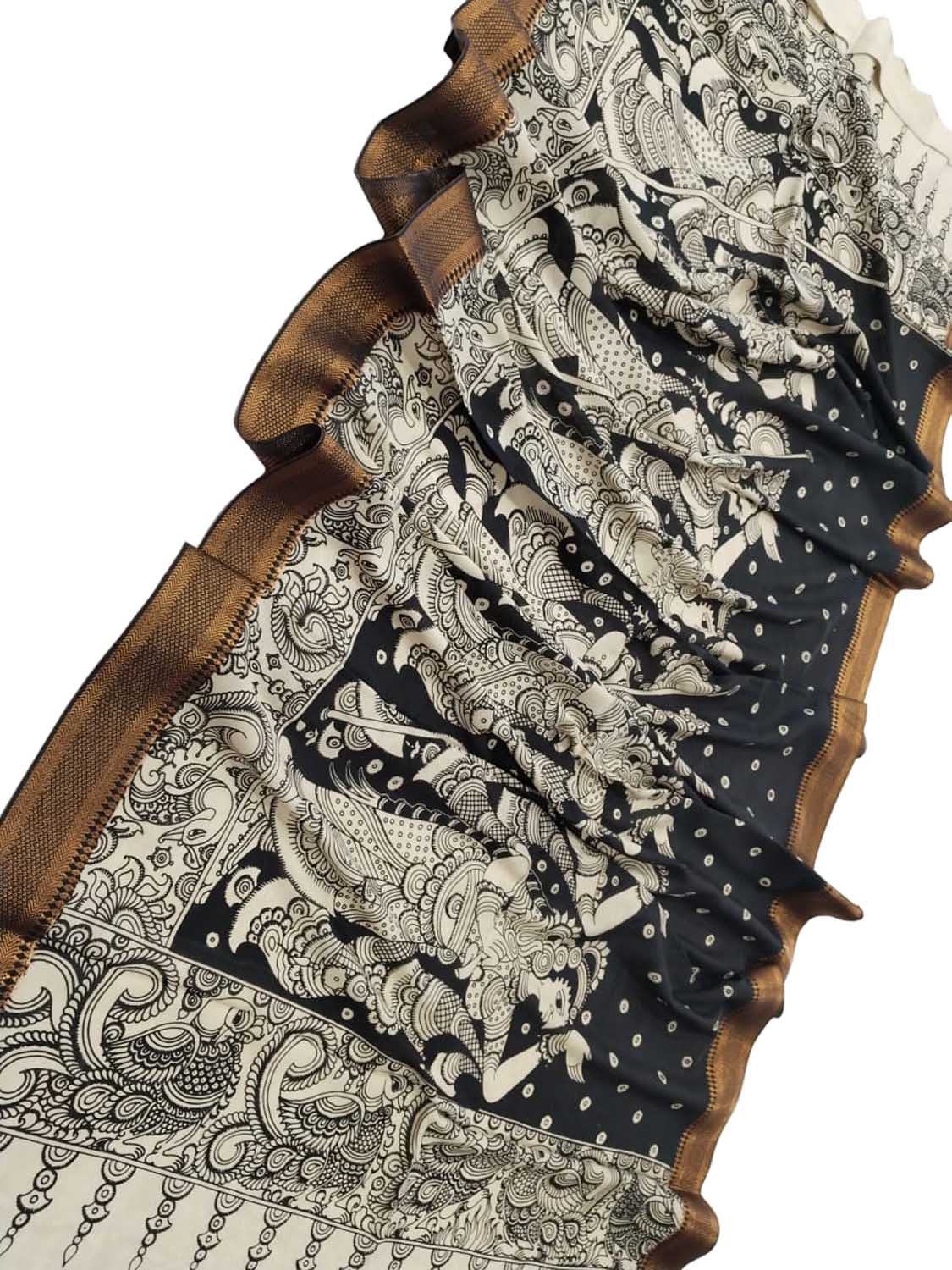 Black And White Kalamkari Hand Painted Pure Bangalore Silk Dupatta - Luxurion World