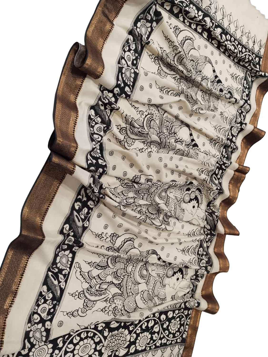 Black And White Kalamkari Hand Painted Pure Bangalore Silk Dupatta - Luxurion World