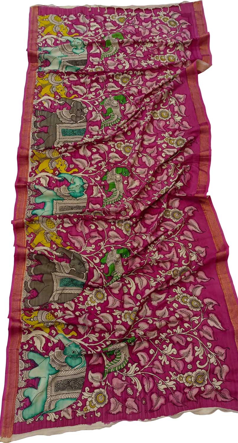 Pink Kalamkari Hand Painted Mangalagiri Silk Dupatta - Luxurion World
