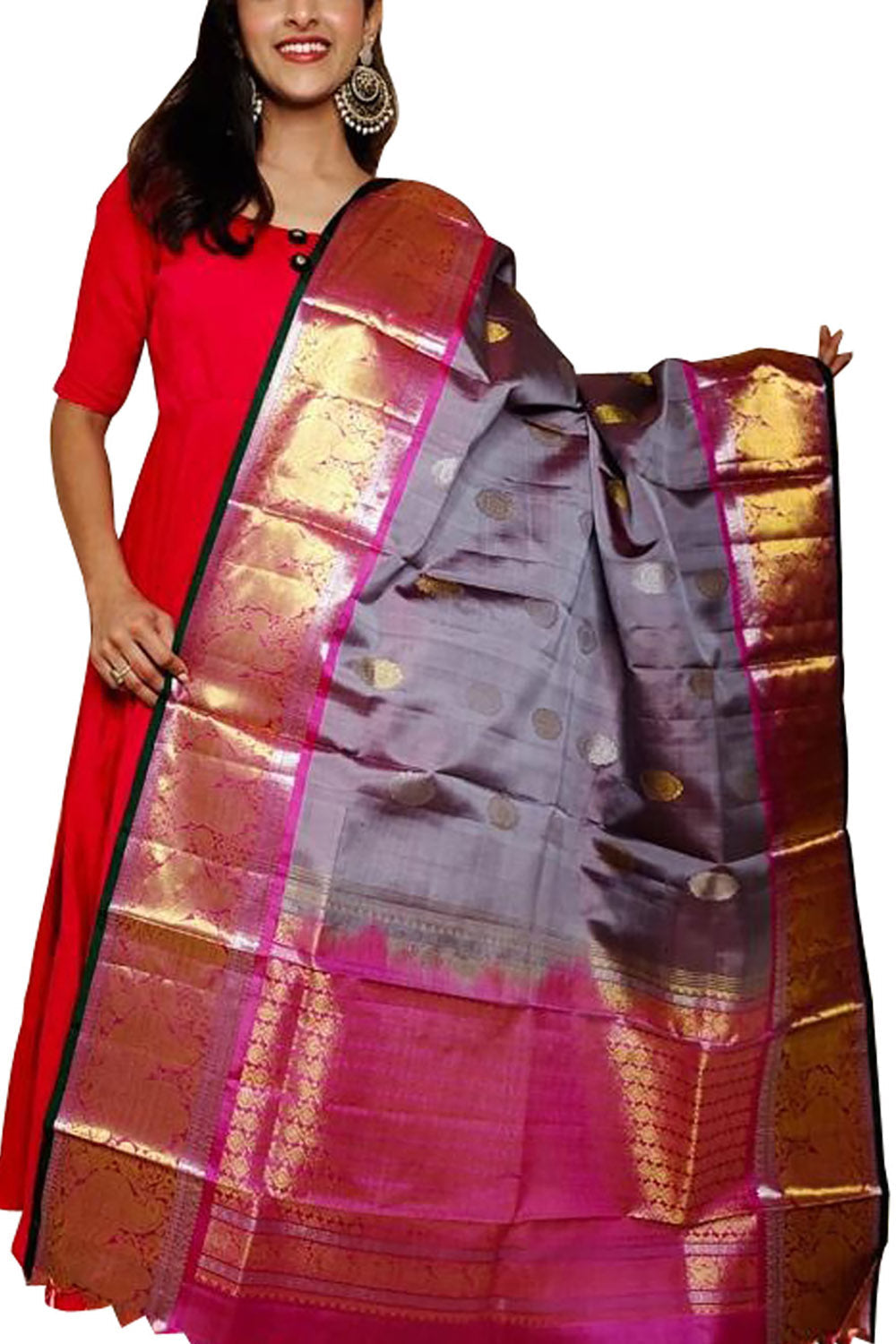 Purple Kanjeevaram Handloom Pure Silk Dupatta - Luxurion World