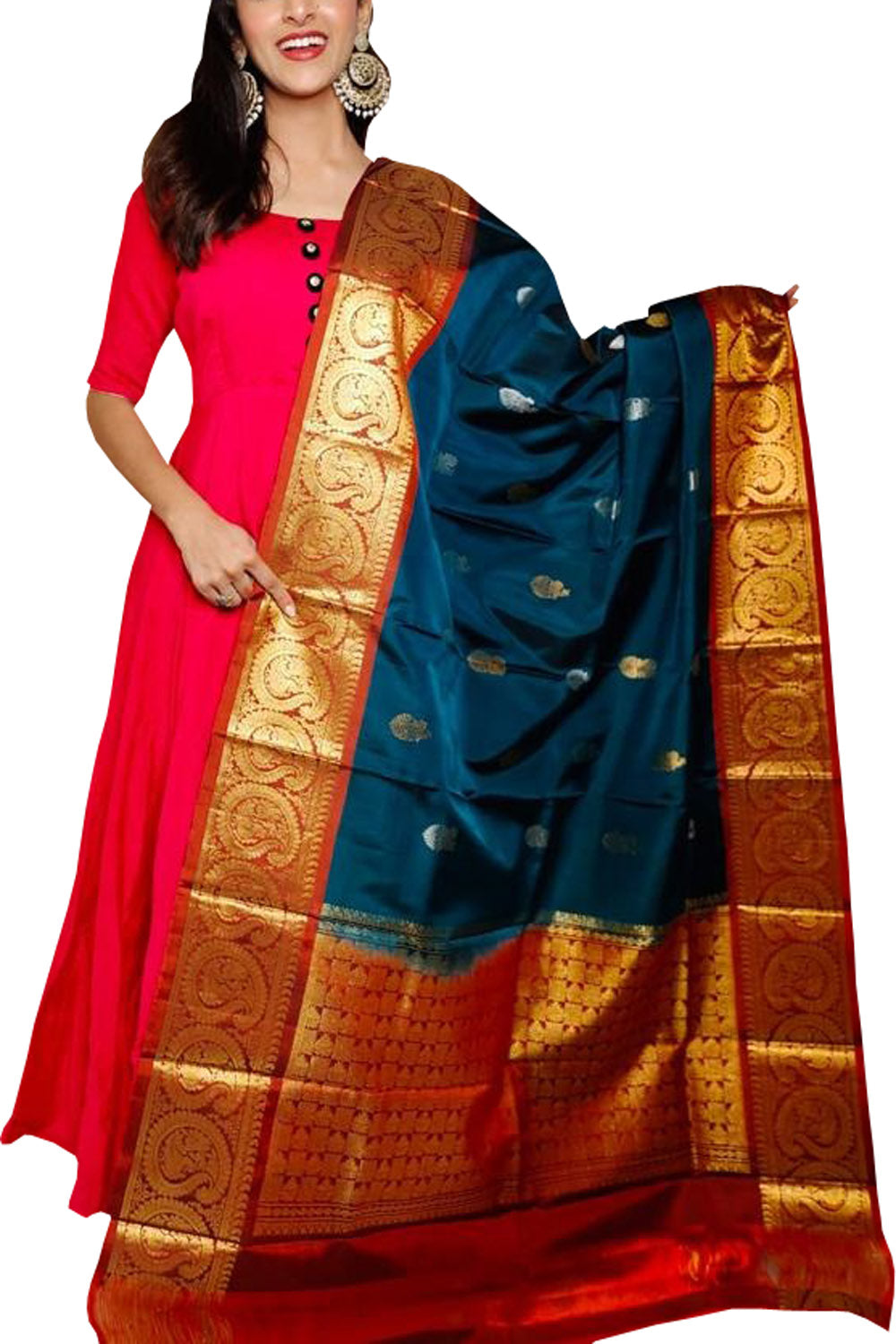 Blue Kanjeevaram Handloom Pure Silk Dupatta - Luxurion World