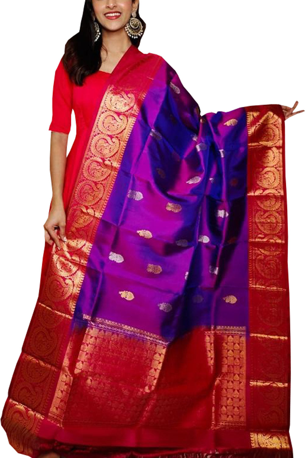 Purple Kanjeevaram Handloom Pure Silk Dupatta - Luxurion World