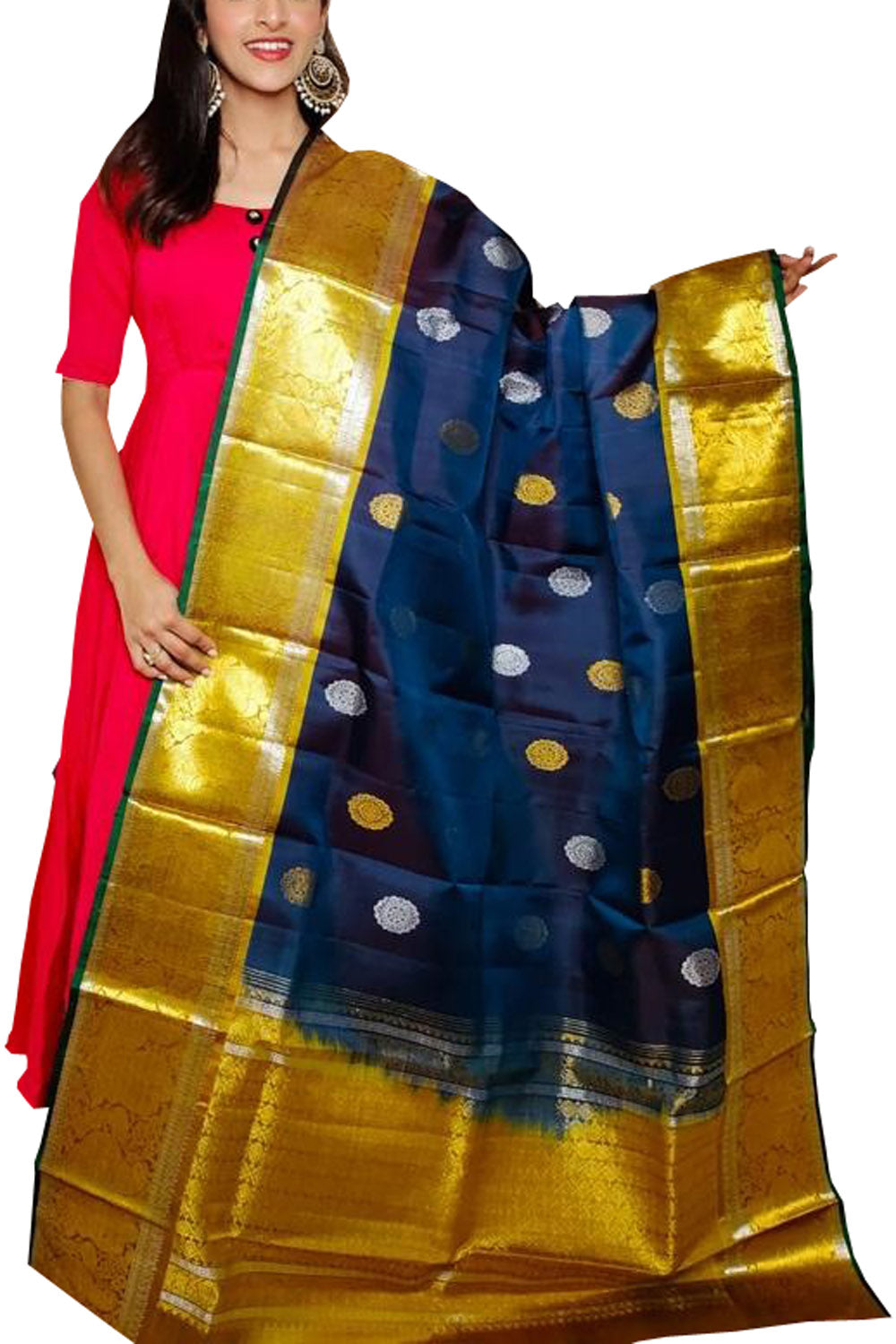 Blue Kanjeevaram Handloom Pure Silk Dupatta - Luxurion World