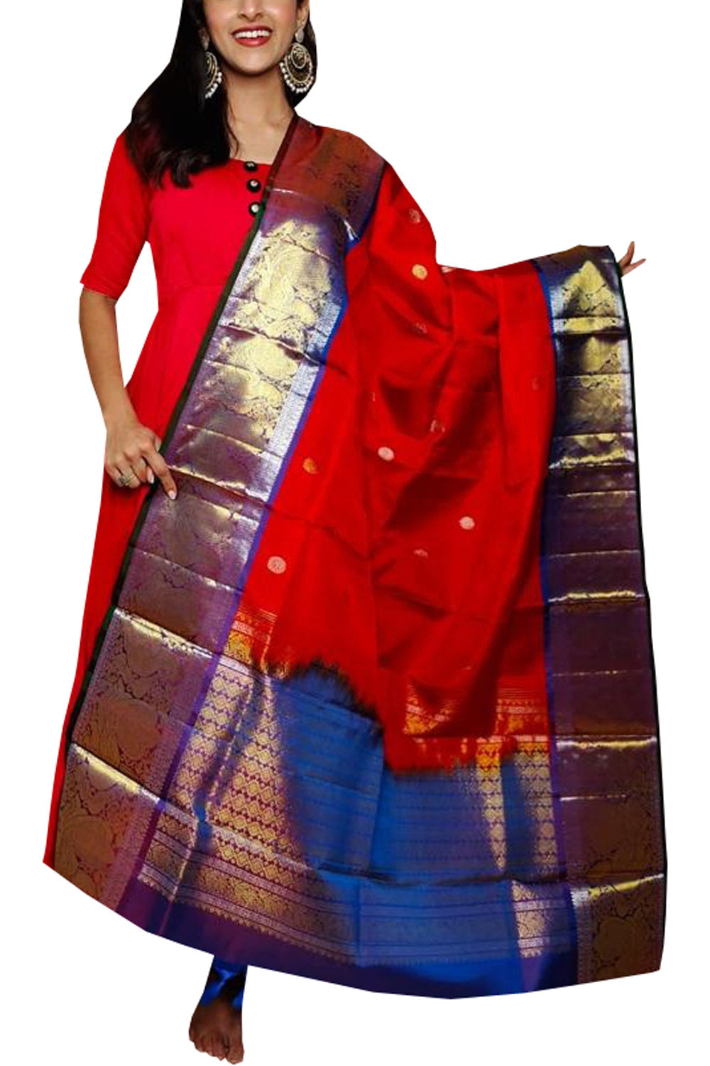 Red Kanjeevaram Handloom Pure Silk Dupatta - Luxurion World