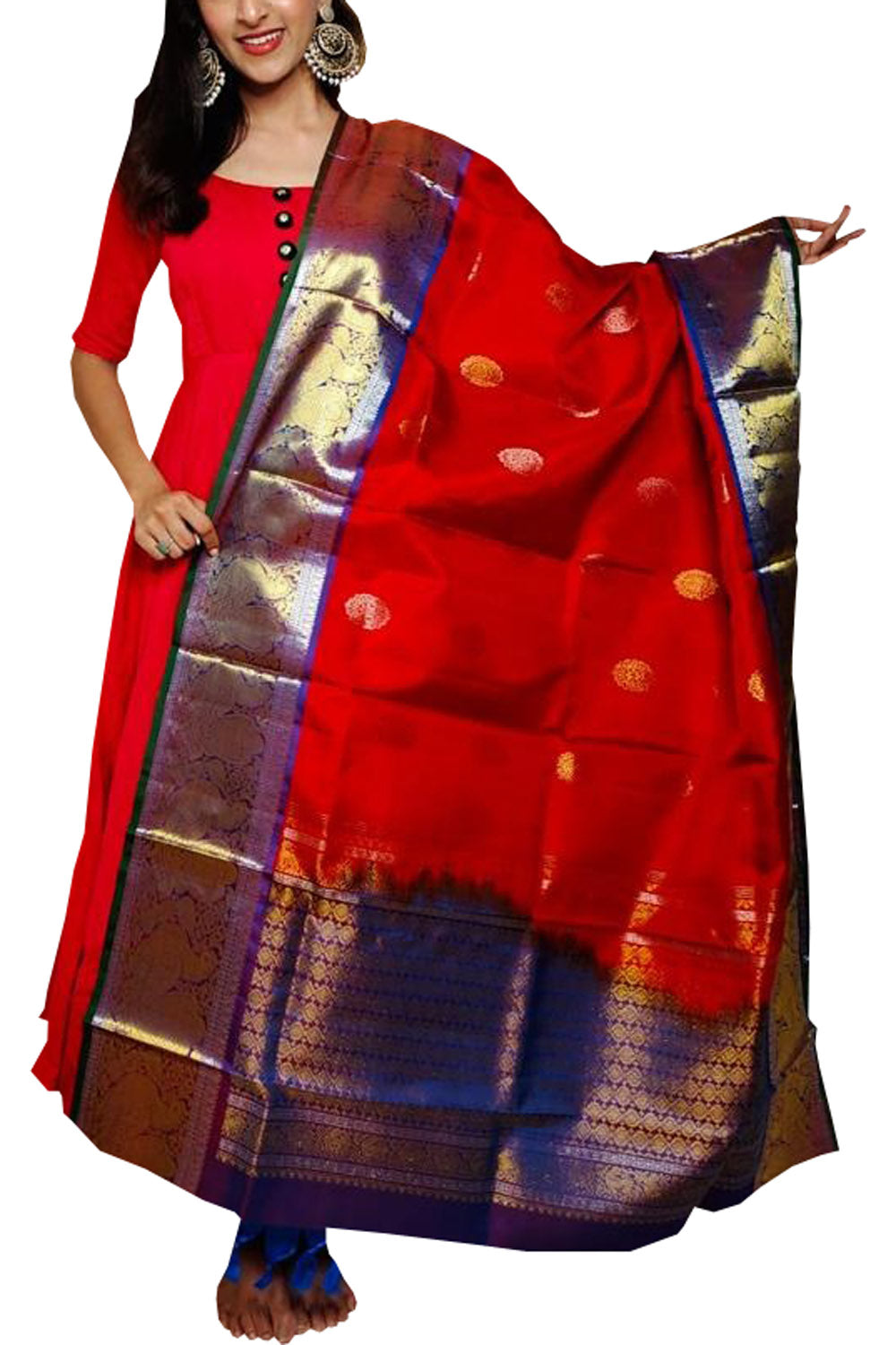 Red Kanjeevaram Handloom Pure Silk Dupatta - Luxurion World