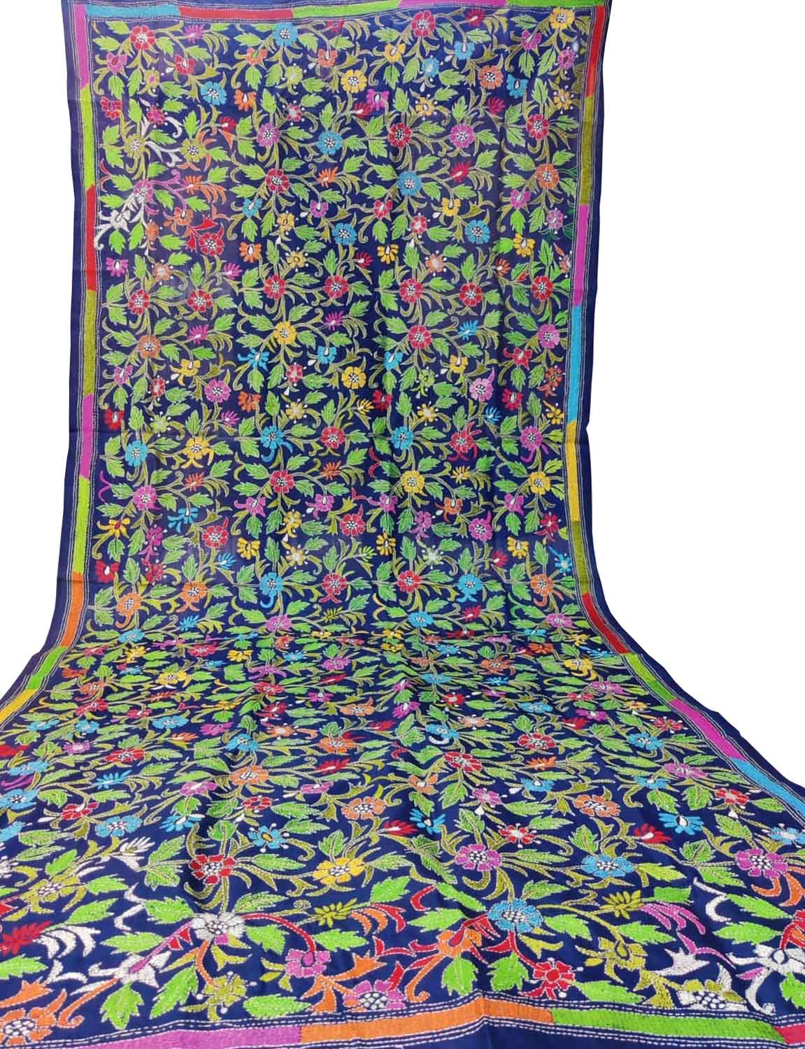 Blue Hand Embroidered Kantha Bangalore Silk Dupatta - Luxurion World