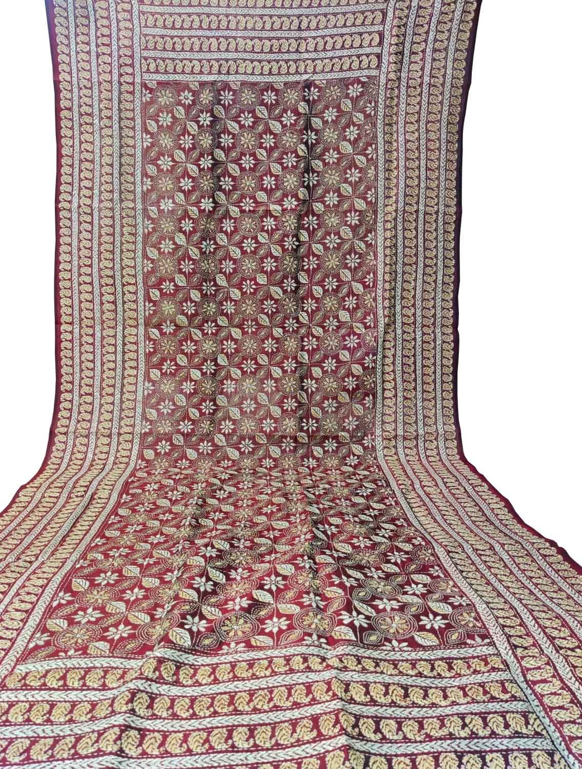 Maroon Hand Embroidered Kantha Bangalore Silk Dupatta - Luxurion World