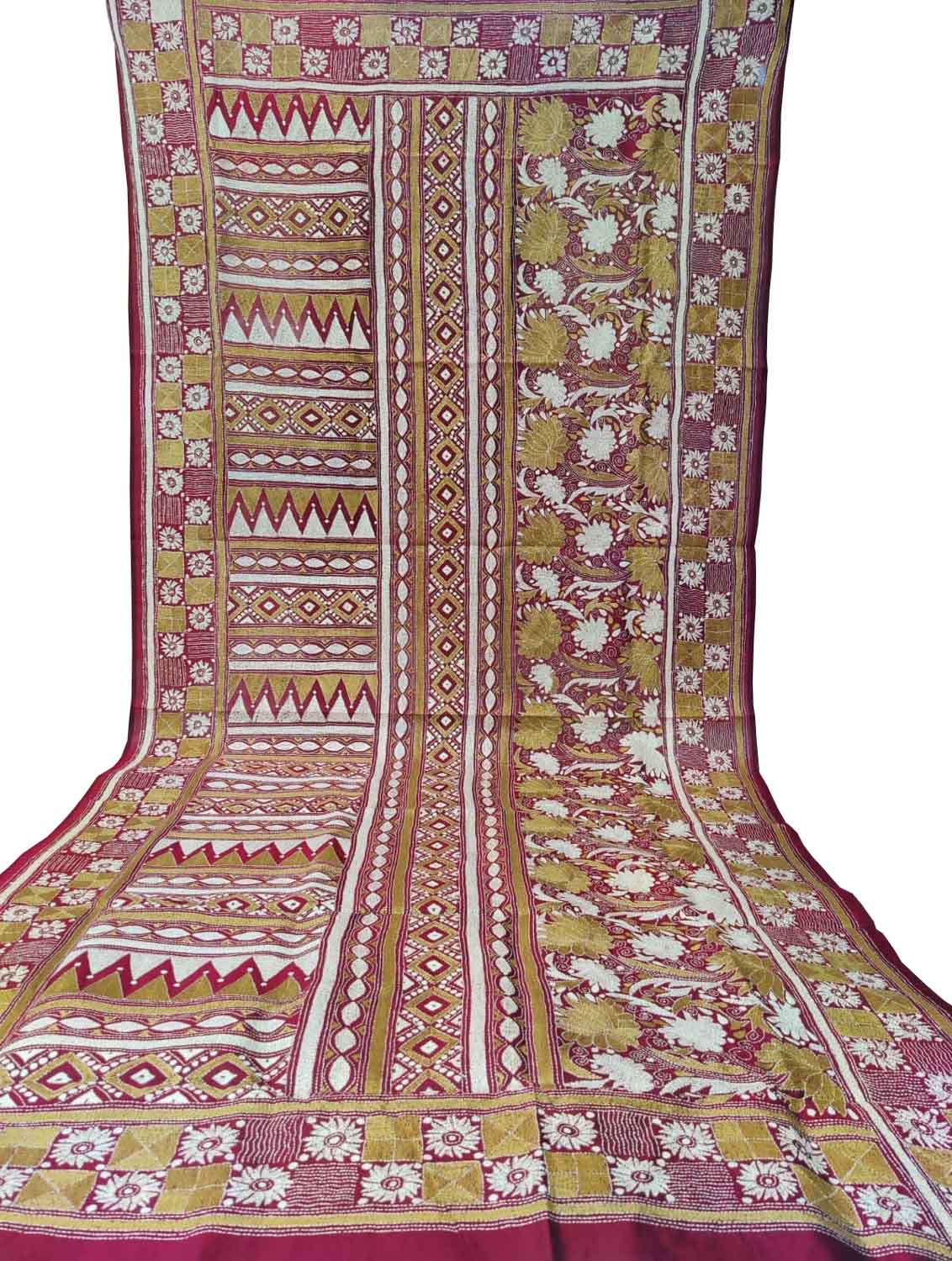 Black Hand Embroidered Kantha Bangalore Silk Dupatta - Luxurion World