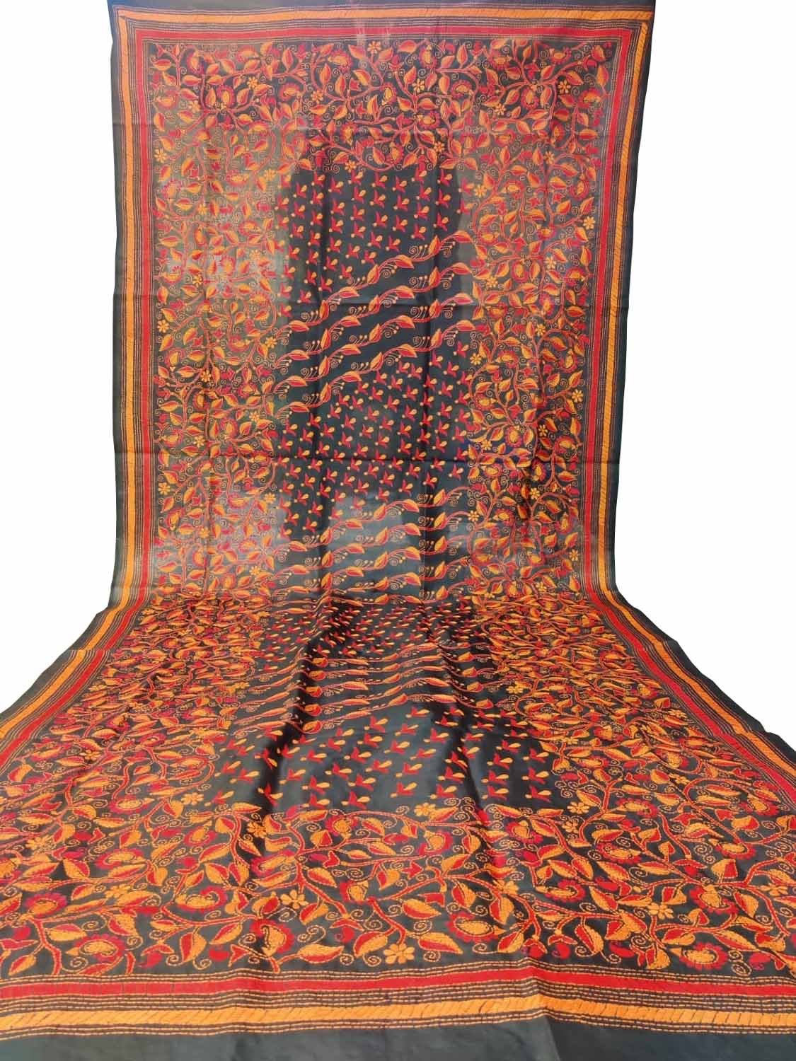 Black Hand Embroidered Kantha Bangalore Silk Dupatta - Luxurion World