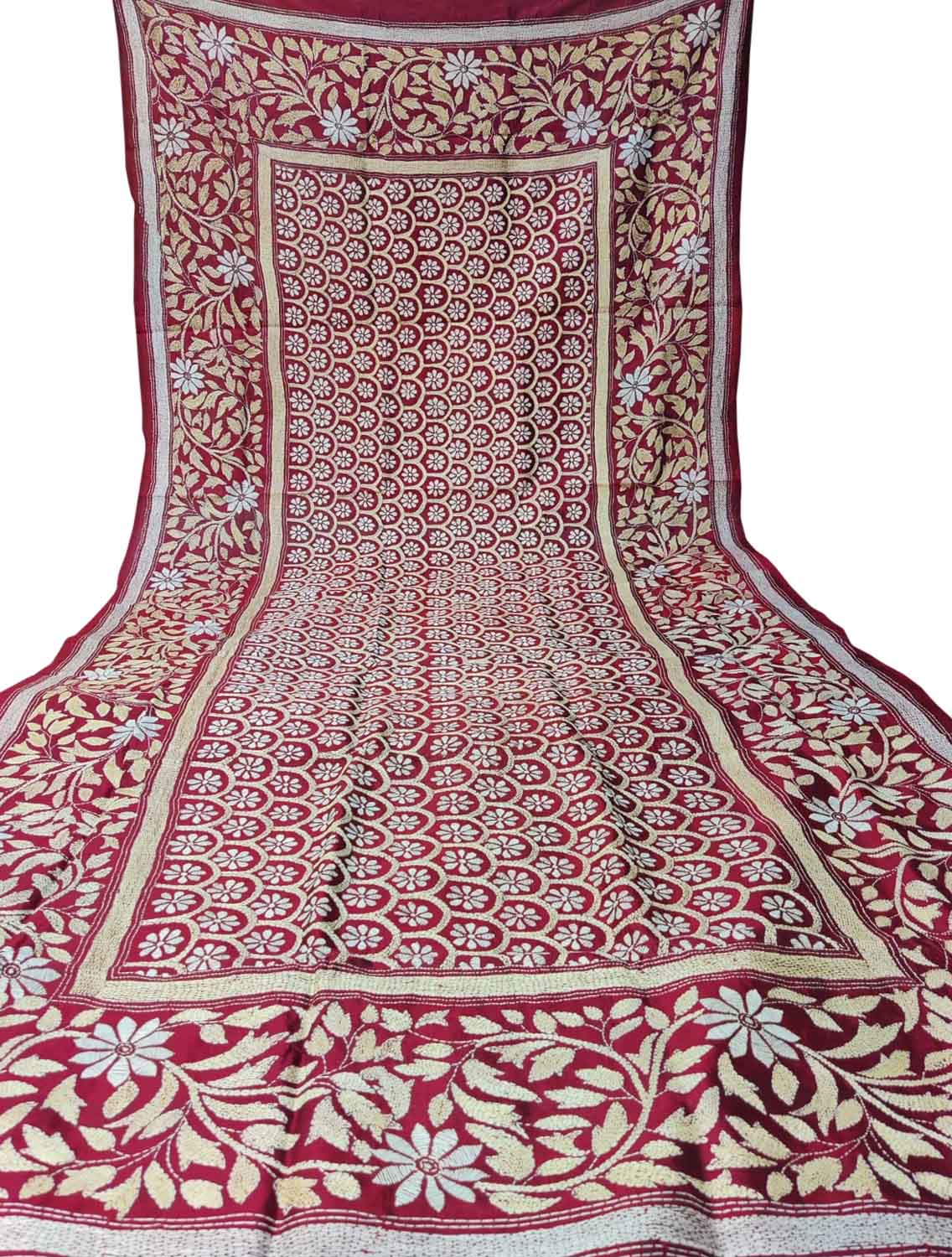 Maroon Hand Embroidered Kantha Bangalore Silk Dupatta - Luxurion World