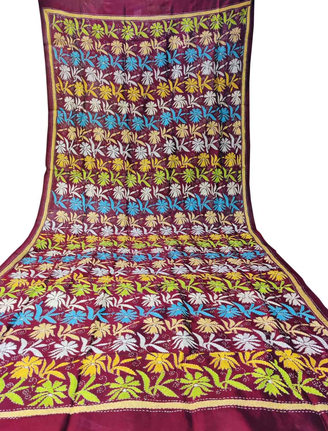 Maroon Hand Embroidered Kantha Bangalore Silk Dupatta - Luxurion World