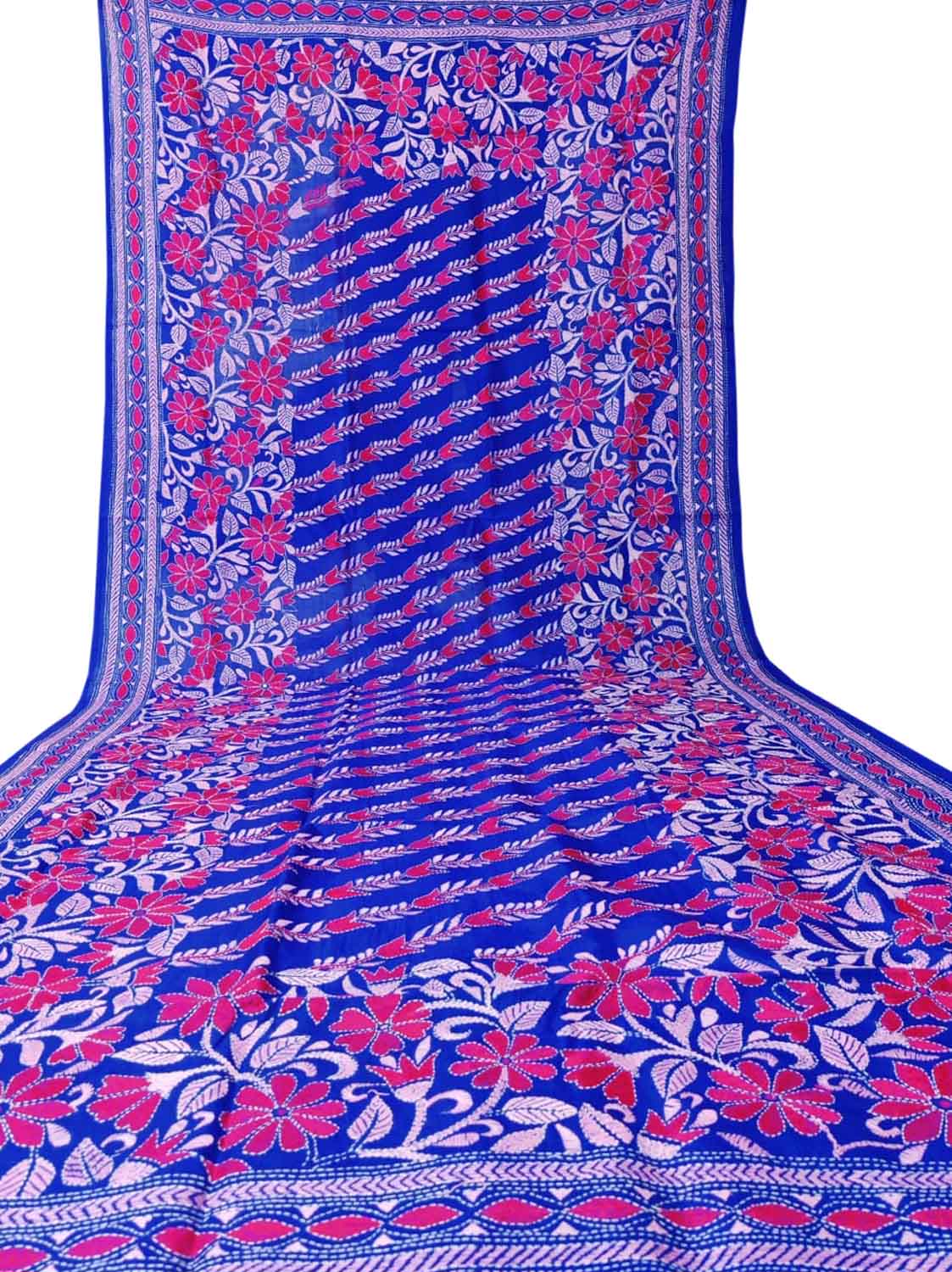 Blue Hand Embroidered Kantha Bangalore Silk Dupatta - Luxurion World