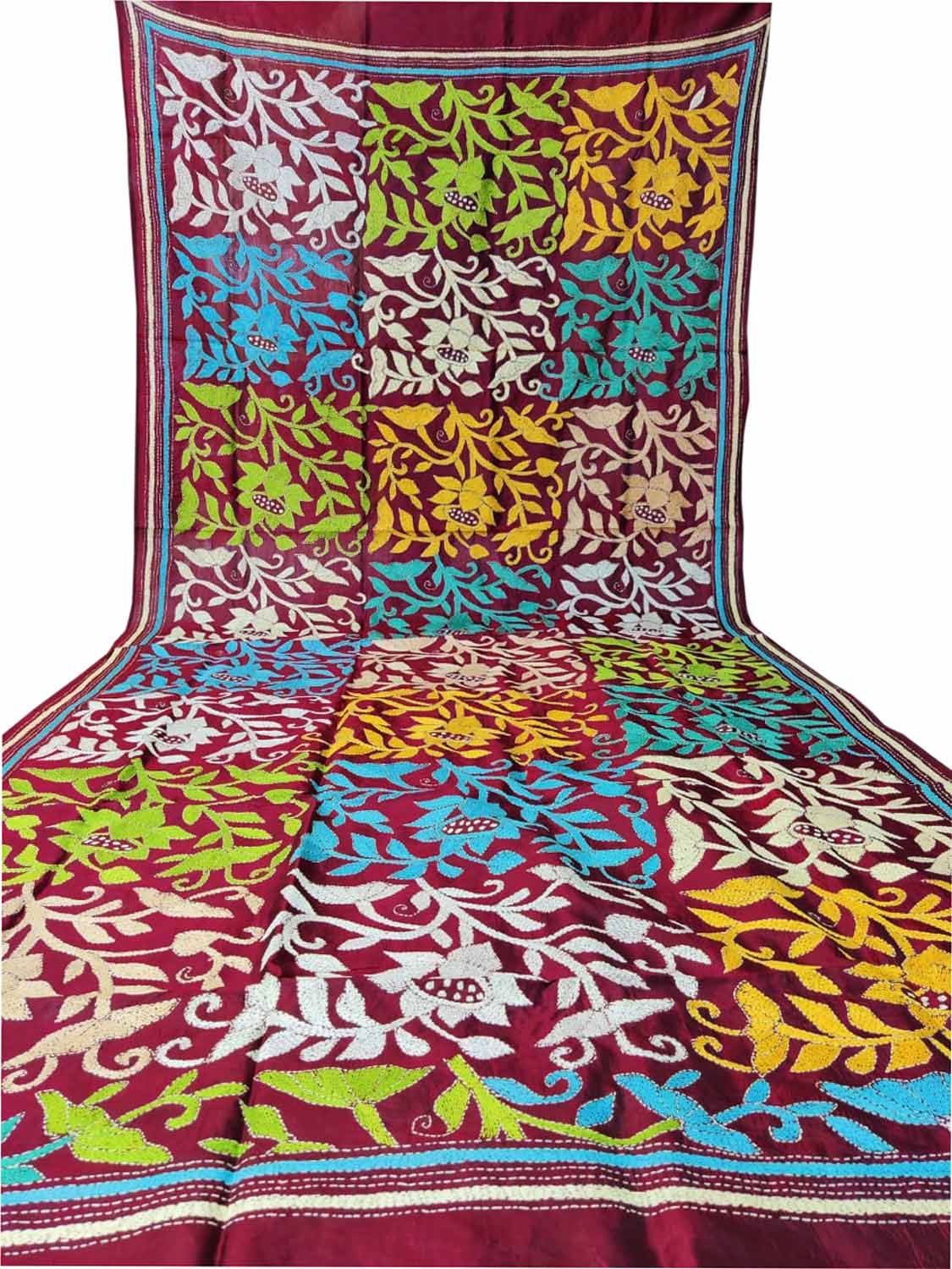 Maroon Hand Embroidered Kantha Bangalore Silk Dupatta - Luxurion World