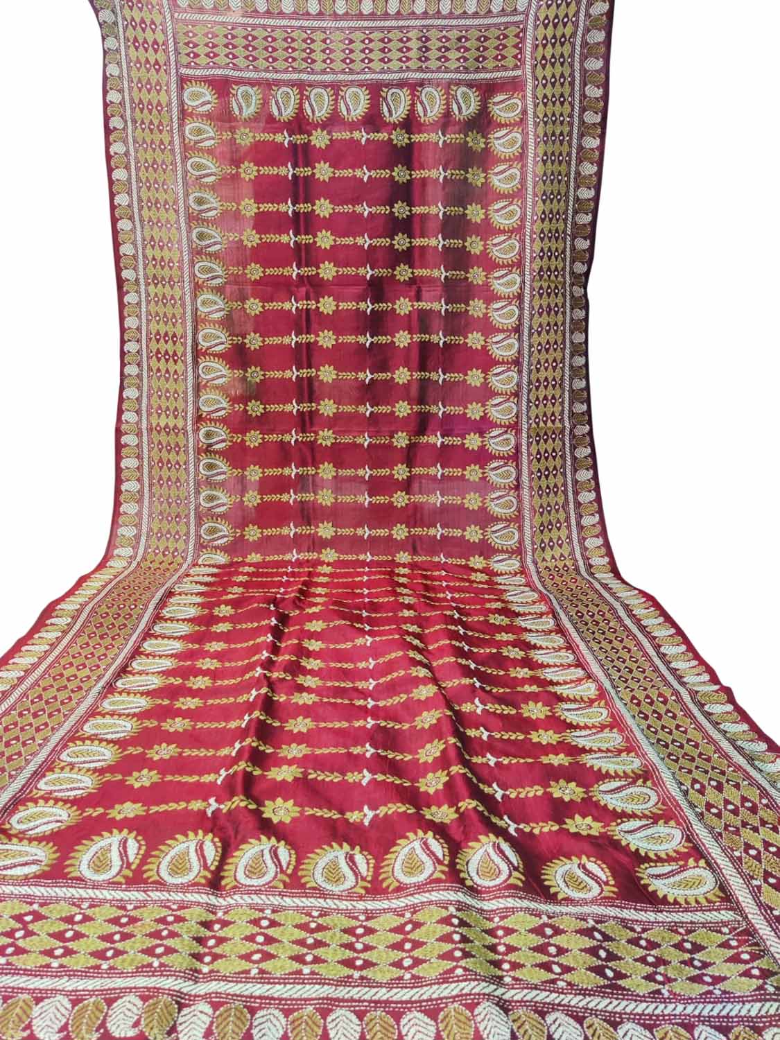 Maroon Hand Embroidered Kantha Bangalore Silk Dupatta - Luxurion World