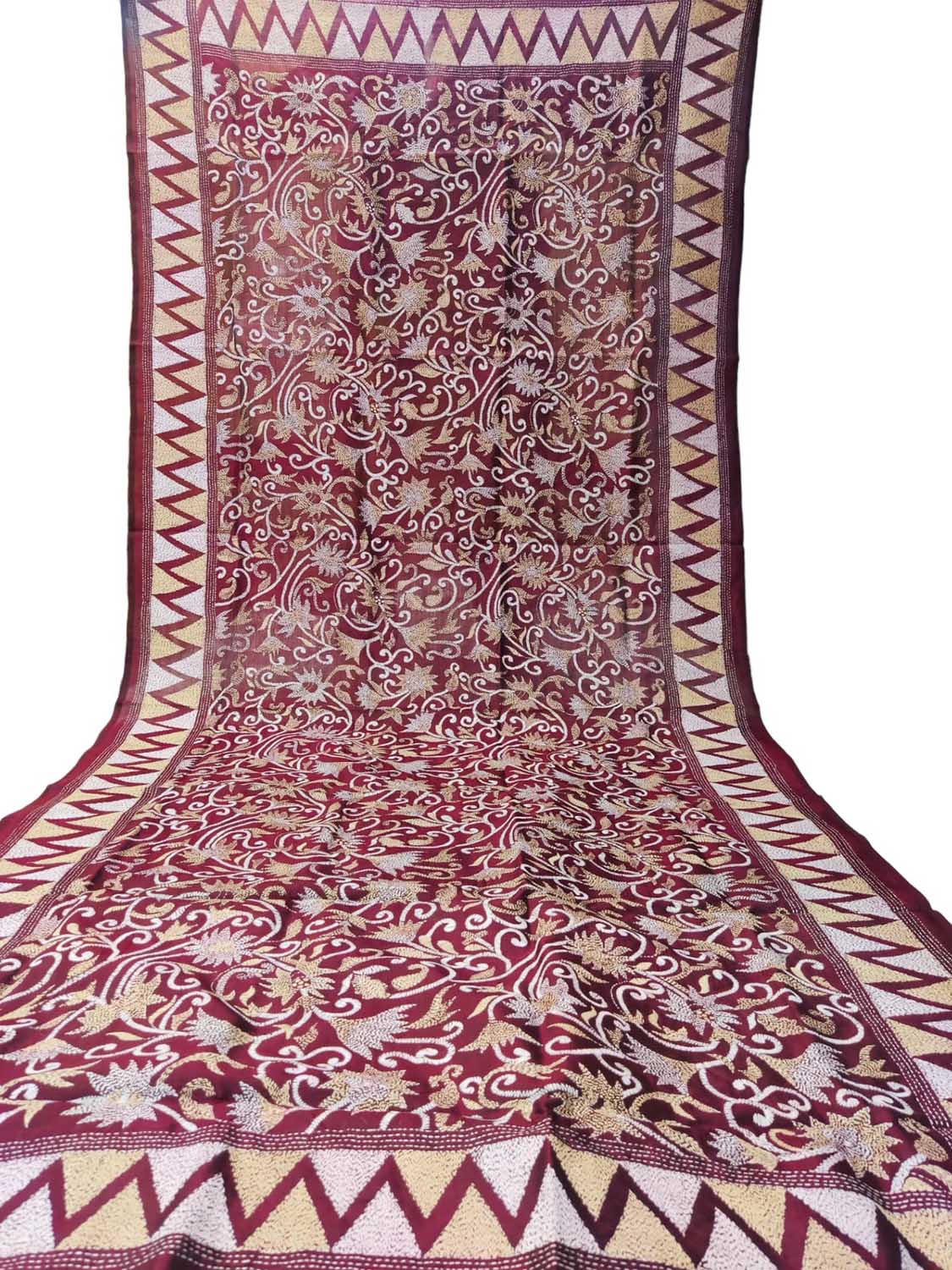 Maroon Hand Embroidered Kantha Bangalore Silk Dupatta - Luxurion World