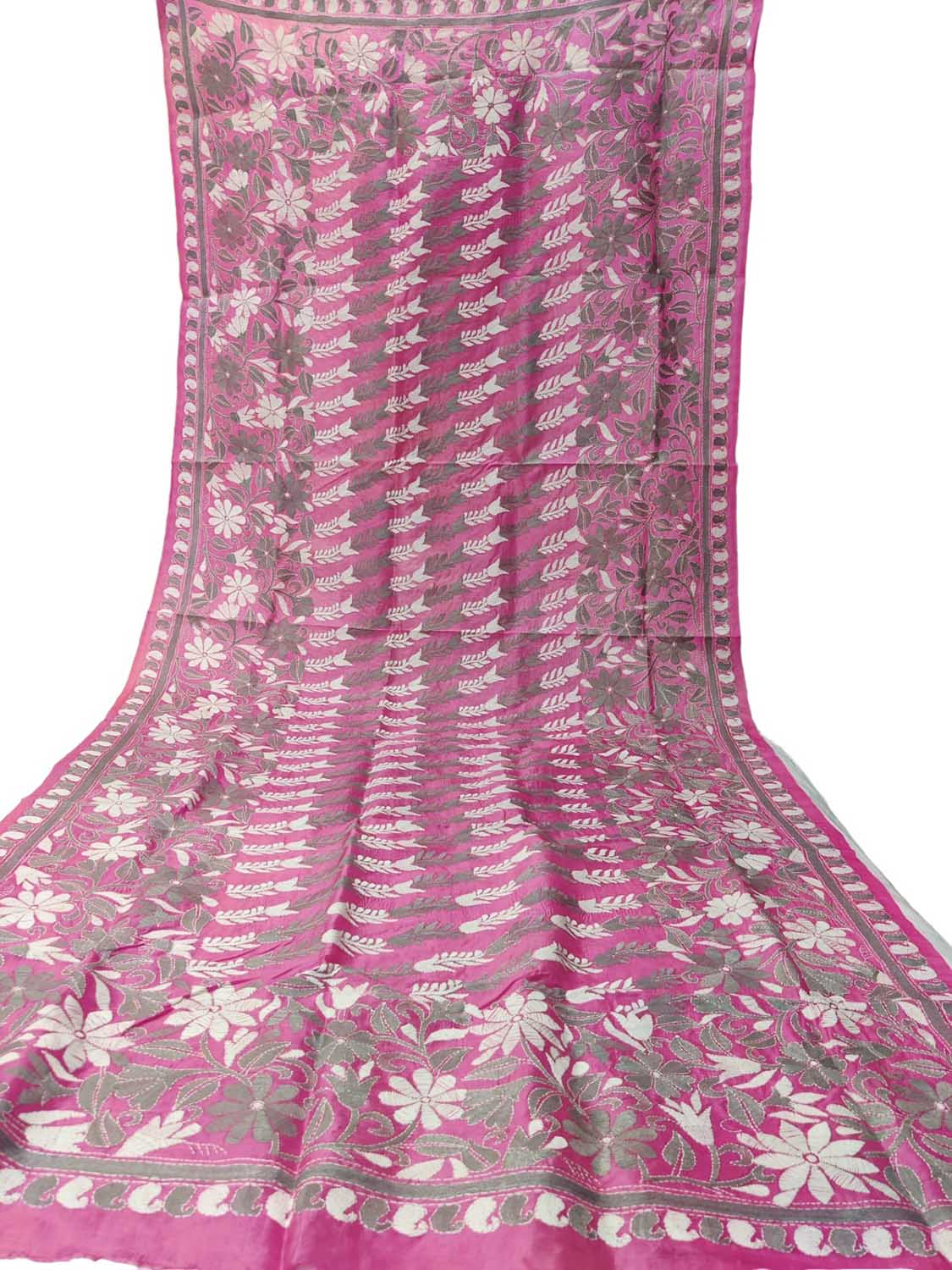 Pink Hand Embroidered Kantha Bangalore Silk Dupatta - Luxurion World