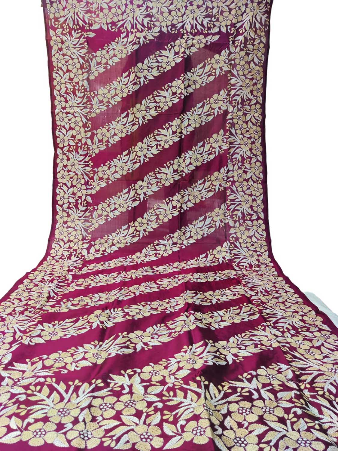 Purple Hand Embroidered Kantha Bangalore Silk Dupatta - Luxurion World