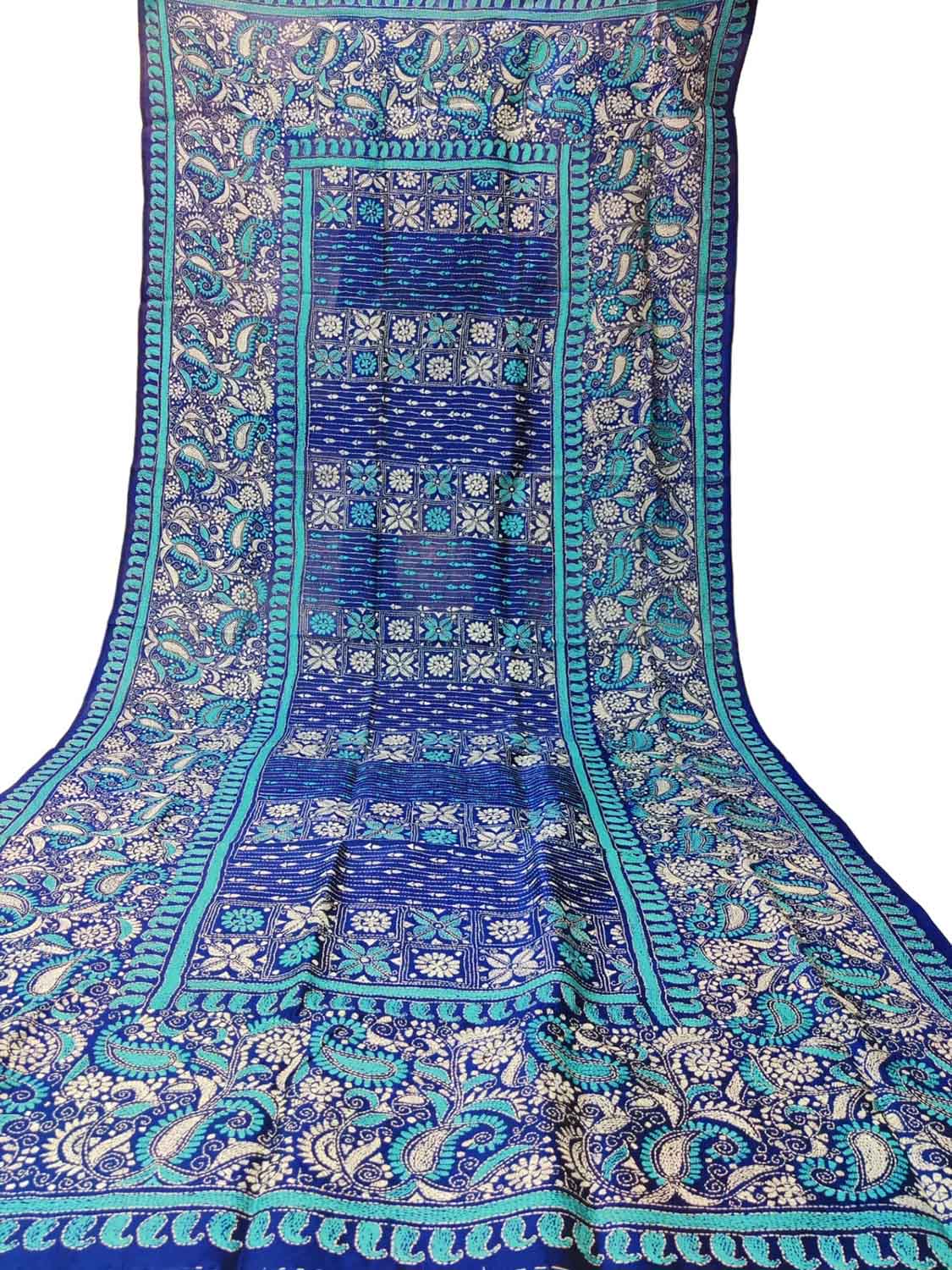Blue Hand Embroidered Kantha Bangalore Silk Dupatta - Luxurion World