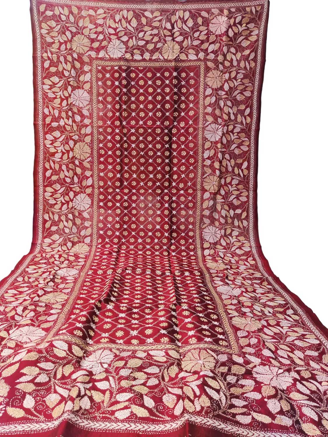 Red Hand Embroidered Kantha Bangalore Silk Dupatta - Luxurion World