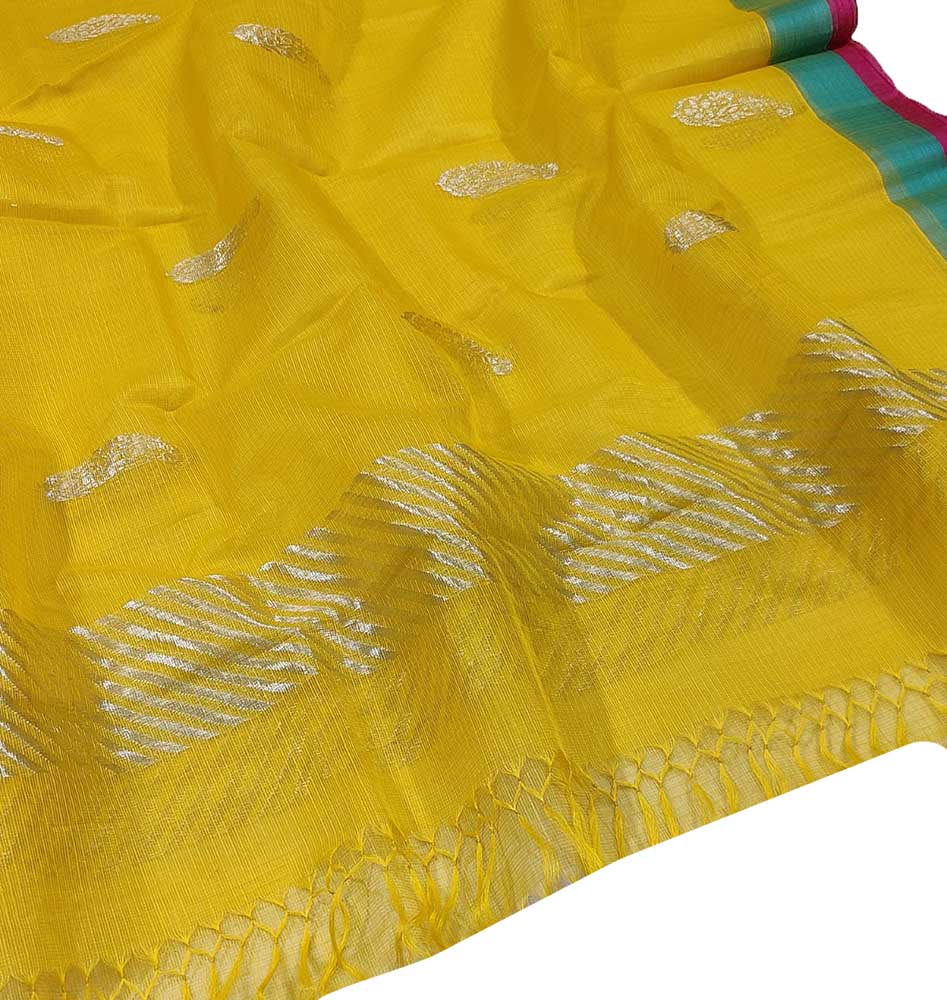 Yellow Handloom Kota Doria Real Zari Dupatta - Luxurion World