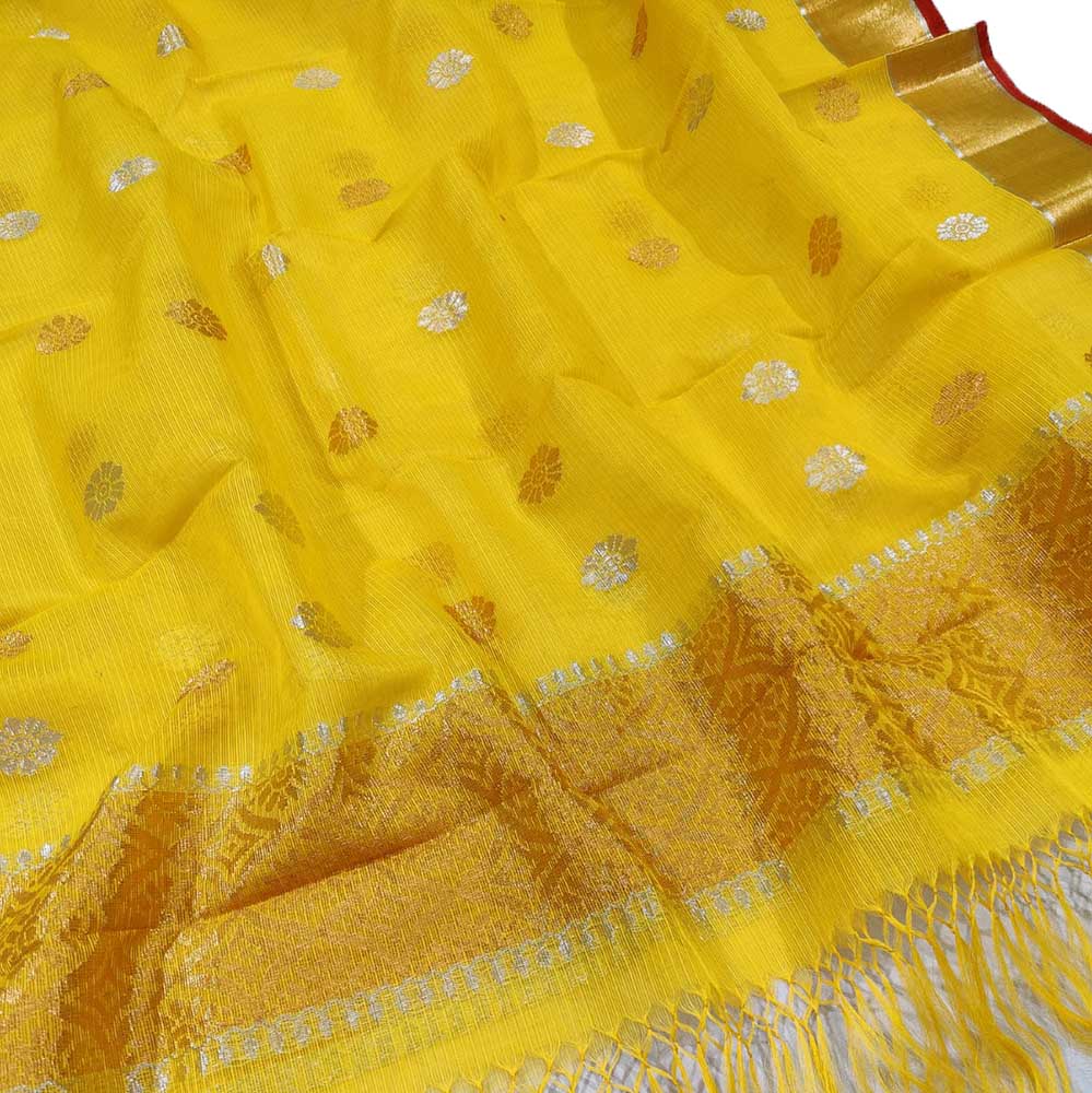 Yellow Handloom Kota Doria Real Zari Sona Roopa Dupatta - Luxurion World