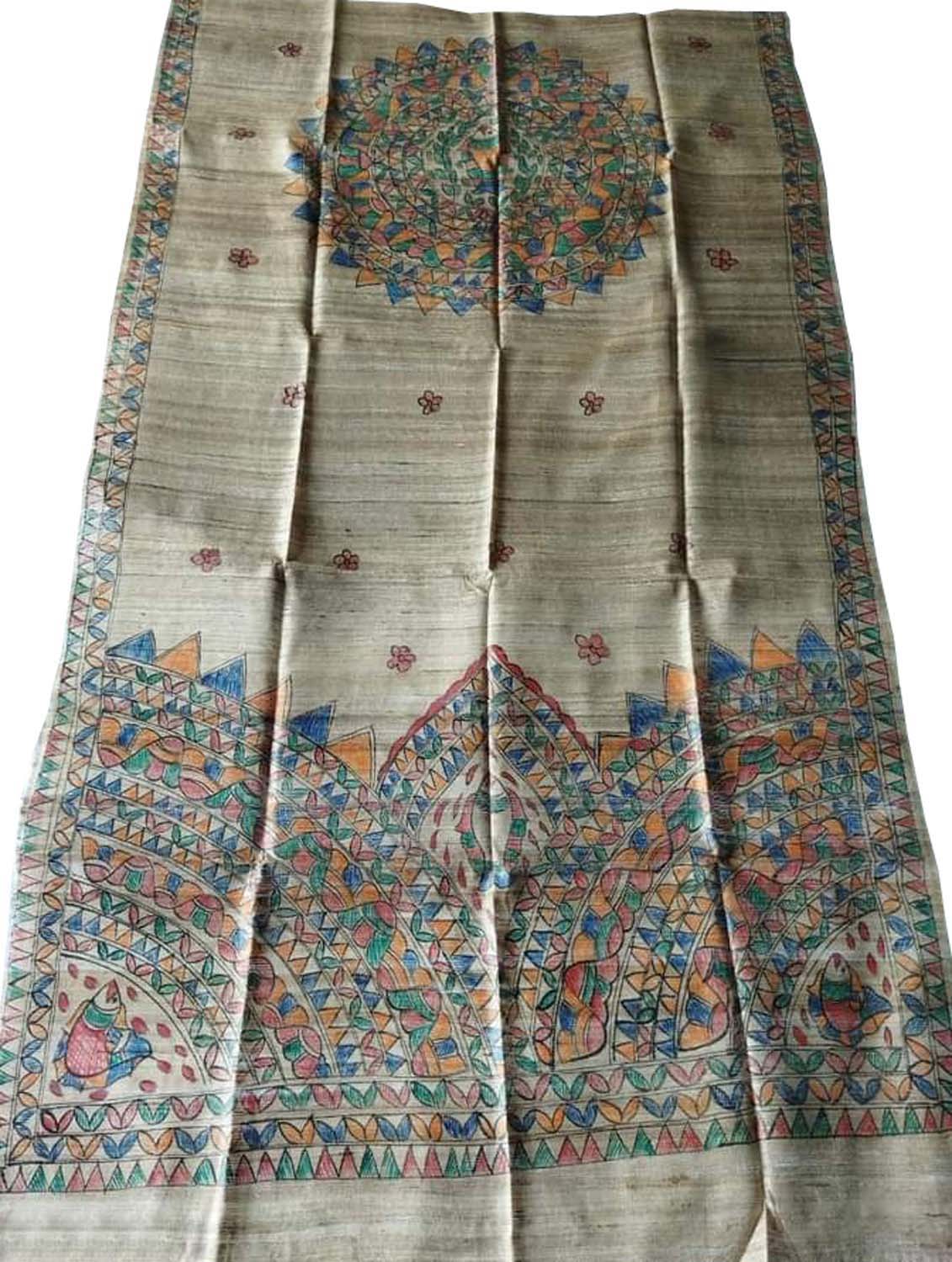 Pastel Hand Painted Madhubani Tussar Ghicha Silk Dupatta - Luxurion World