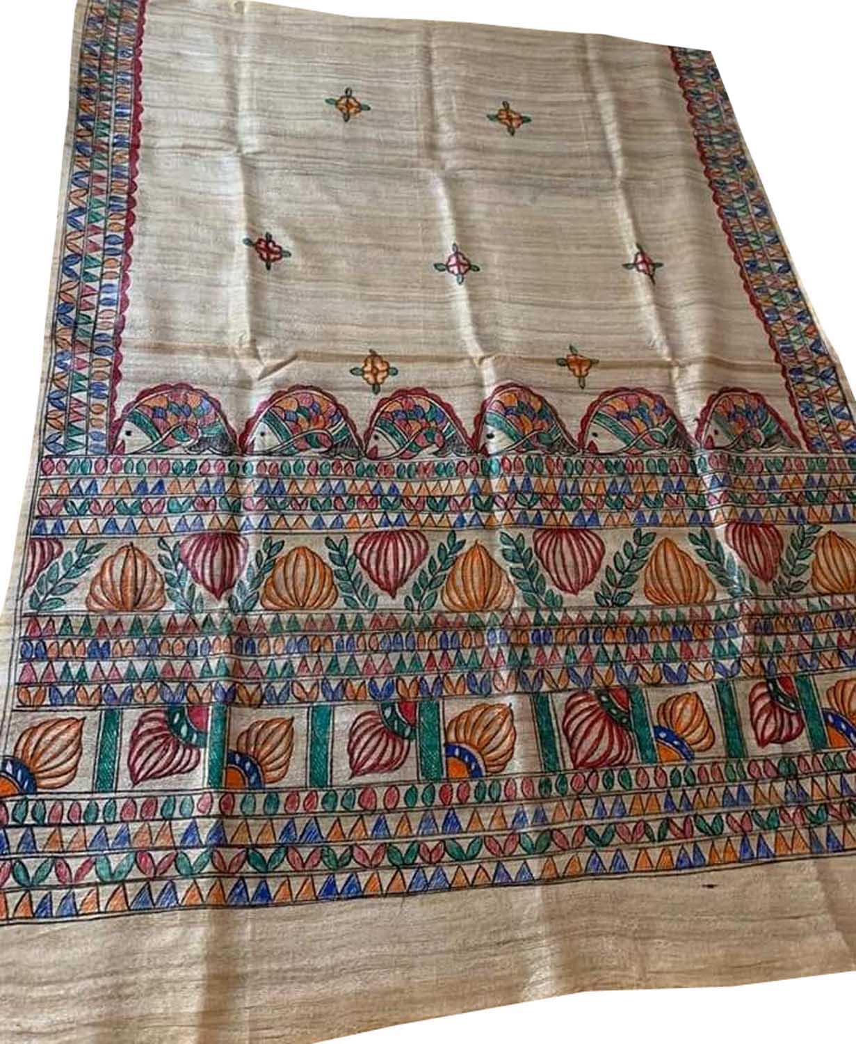 Pastel Hand Painted Madhubani Tussar Ghicha Silk Dupatta - Luxurion World