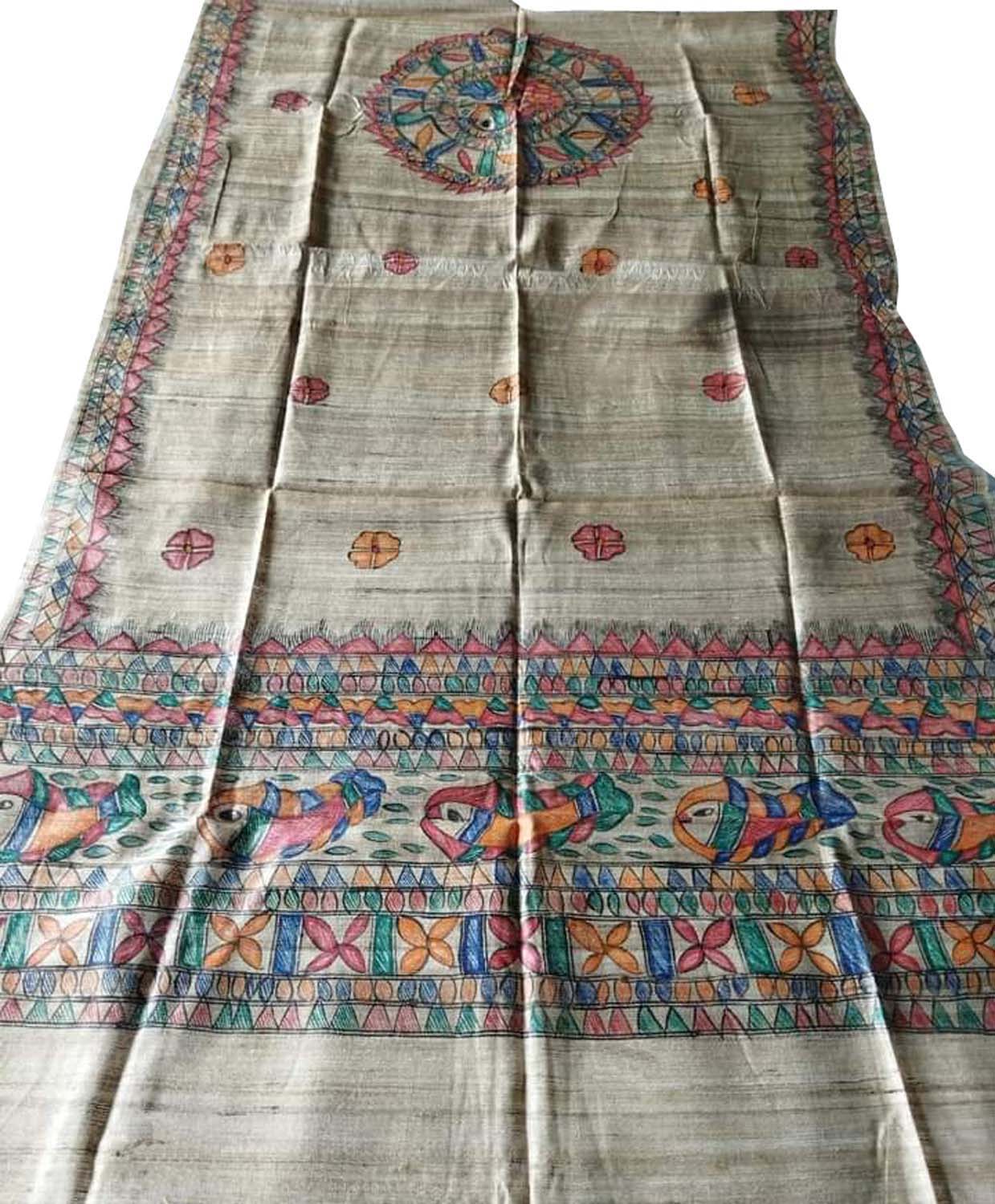 Pastel Hand Painted Madhubani Tussar Ghicha Silk Dupatta - Luxurion World