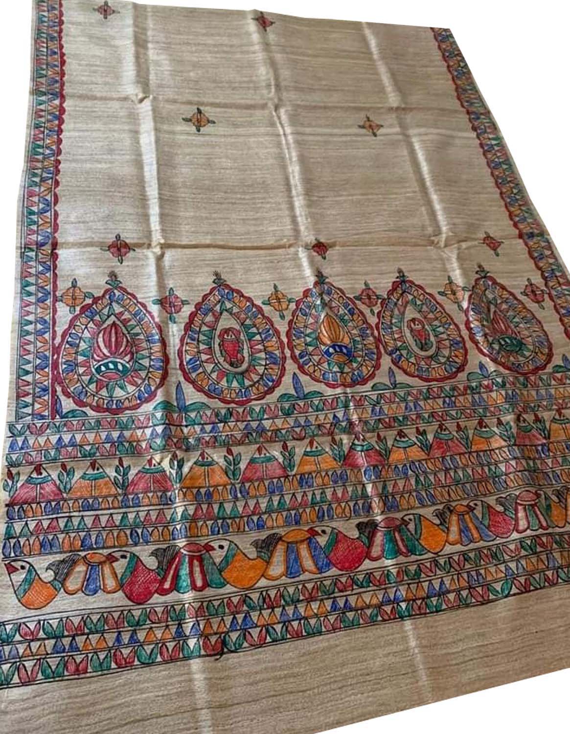 Pastel Hand Painted Madhubani Tussar Ghicha Silk Dupatta - Luxurion World