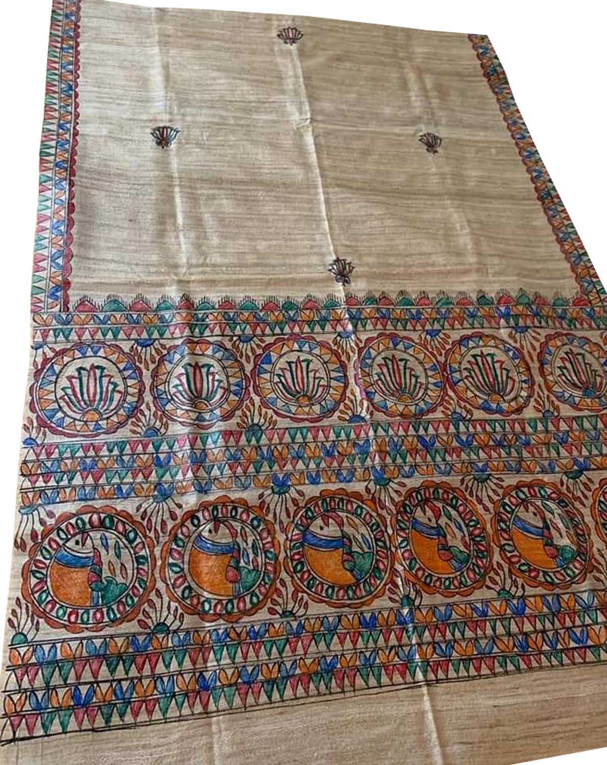 Pastel Hand Painted Madhubani Tussar Ghicha Silk Dupatta - Luxurion World