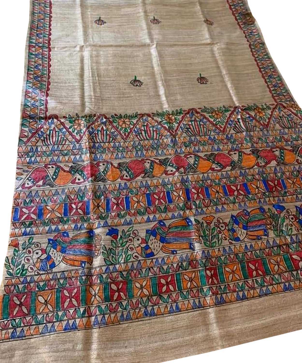 Pastel Hand Painted Madhubani Tussar Ghicha Silk Dupatta - Luxurion World