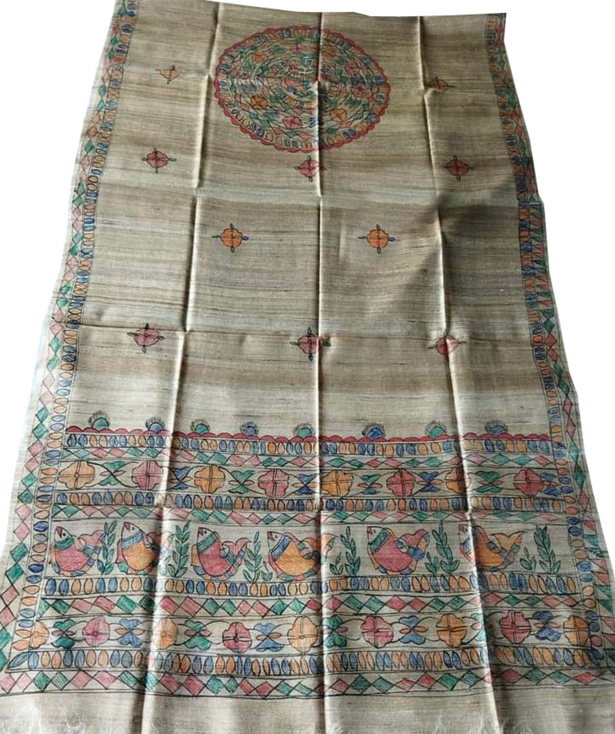 Pastel Hand Painted Madhubani Tussar Ghicha Silk Dupatta - Luxurion World