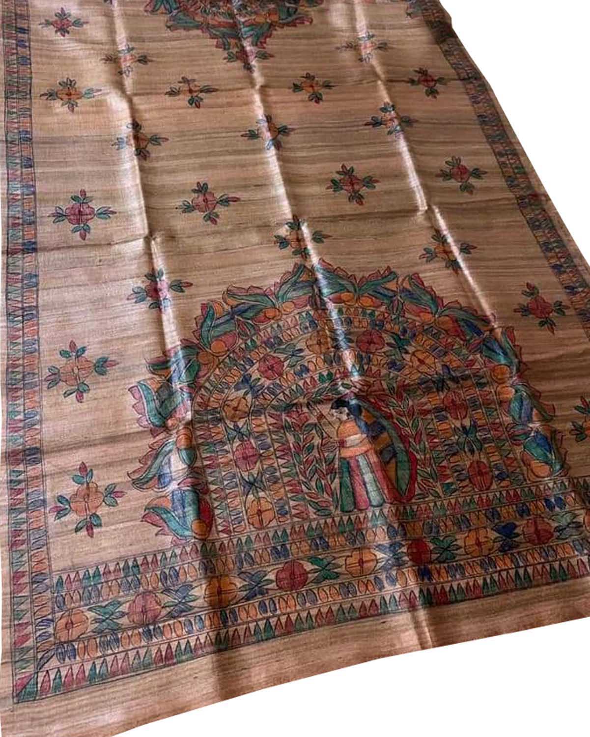 Pastel Hand Painted Madhubani Tussar Ghicha Silk Dupatta - Luxurion World