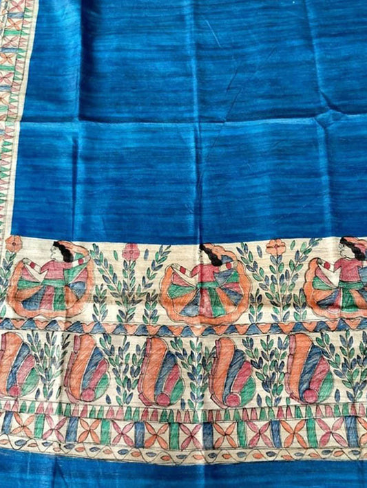Blue Madhubani Hand Painted Pure Tussar Silk Dupatta - Luxurion World