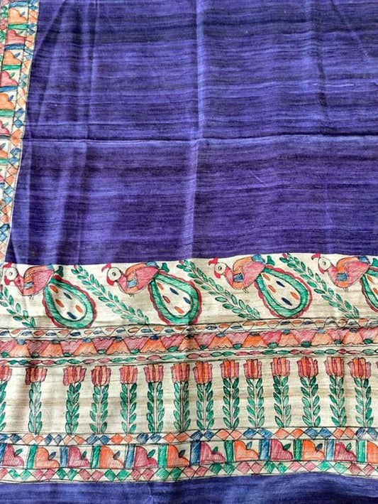 Purple Madhubani Hand Painted Pure Tussar Silk Dupatta - Luxurion World