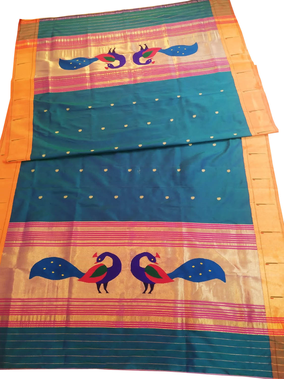 Green Paithani Handloom Pure Silk Peacock Design Dupatta With Muniya Border - Luxurion World
