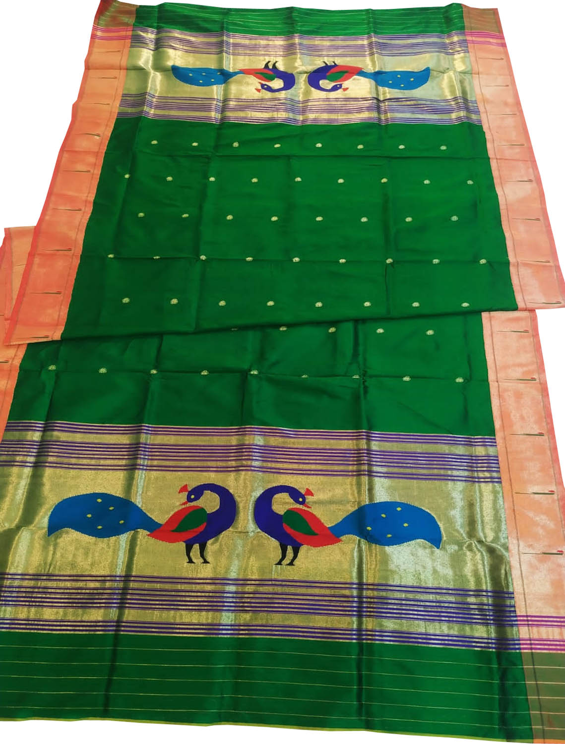 Green Paithani Handloom Pure Silk Peacock Design Dupatta With Muniya Border - Luxurion World