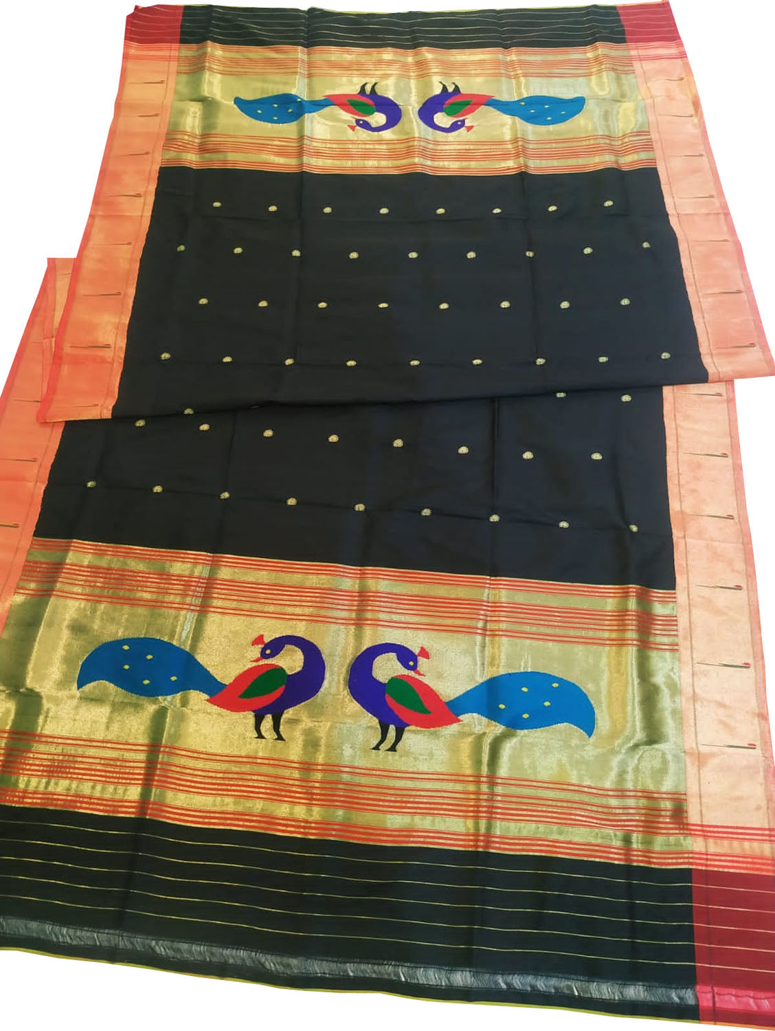 Black Paithani Handloom Pure Silk Peacock Design Dupatta With Muniya Border - Luxurion World