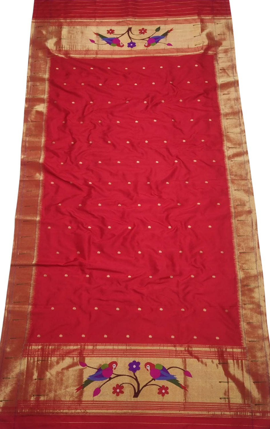 Red Paithani Handloom Pure Silk Single Muniya Border Dupatta - Luxurion World