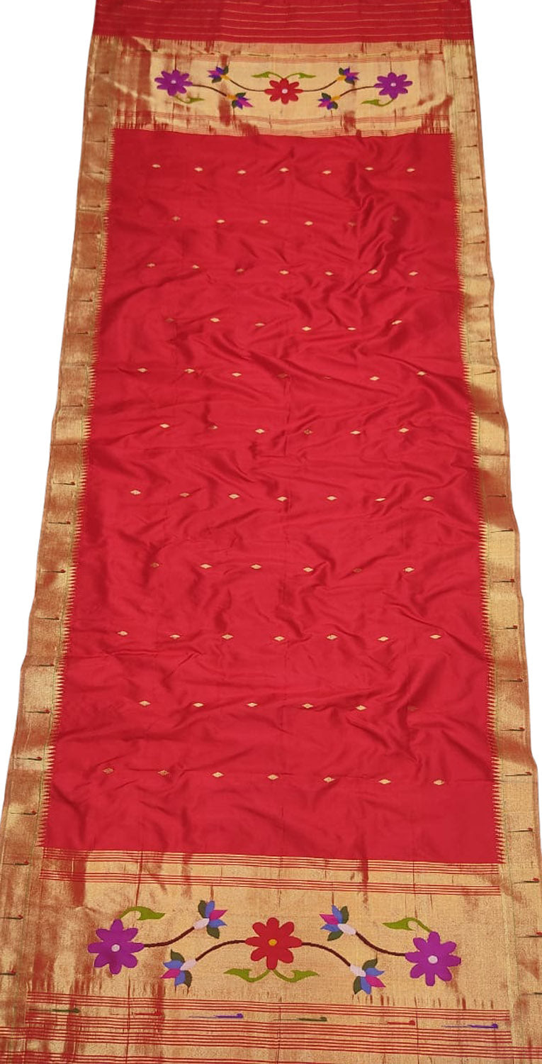 Red Paithani Handloom Pure Silk Single Muniya Border Dupatta - Luxurion World