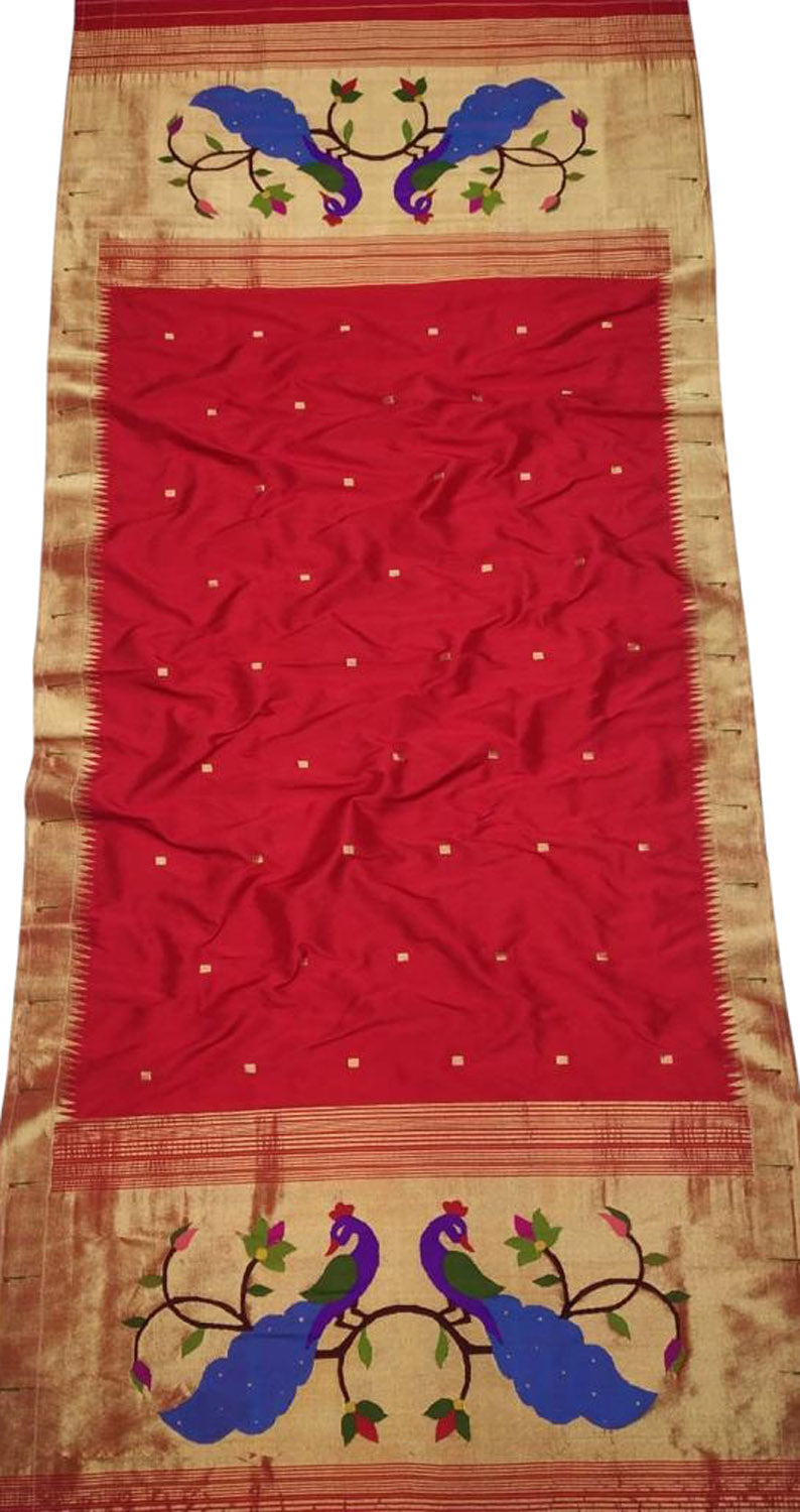 Red Paithani Handloom Pure Silk Single Muniya Border Dupatta - Luxurion World