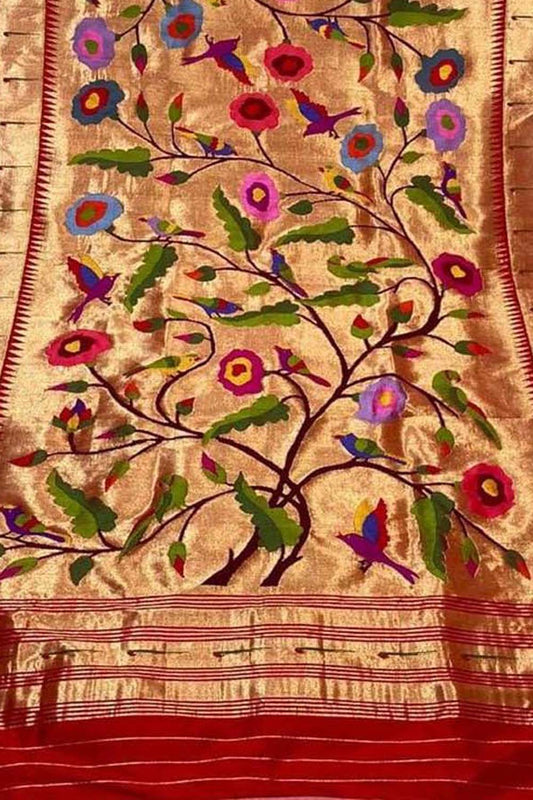 Red Paithani Handloom Brocade Pure Tissue Silk Dupatta