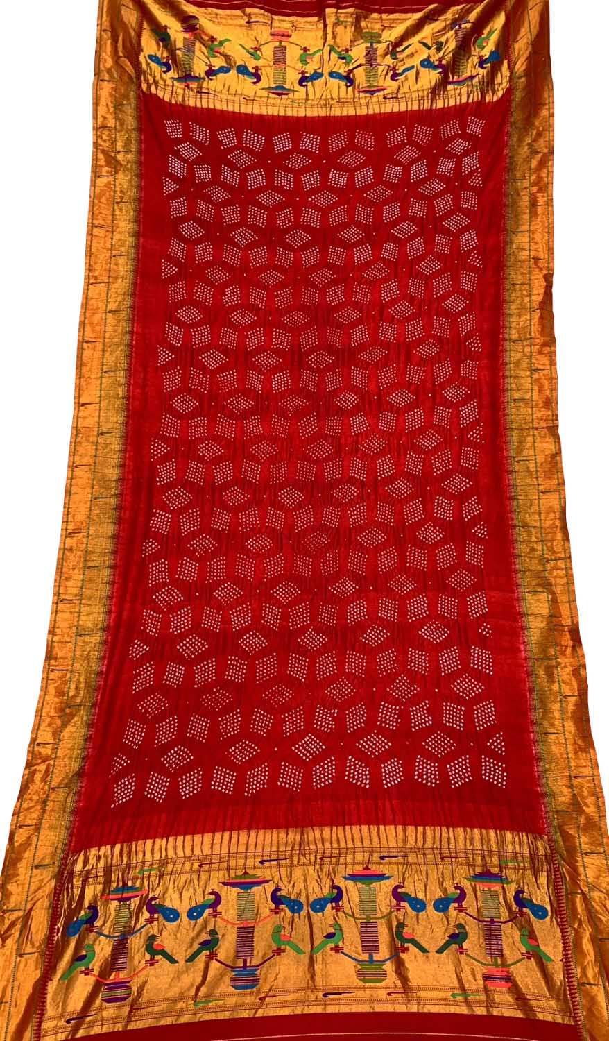 Red Paithani Bandhani Pure Silk Dupatta - Luxurion World
