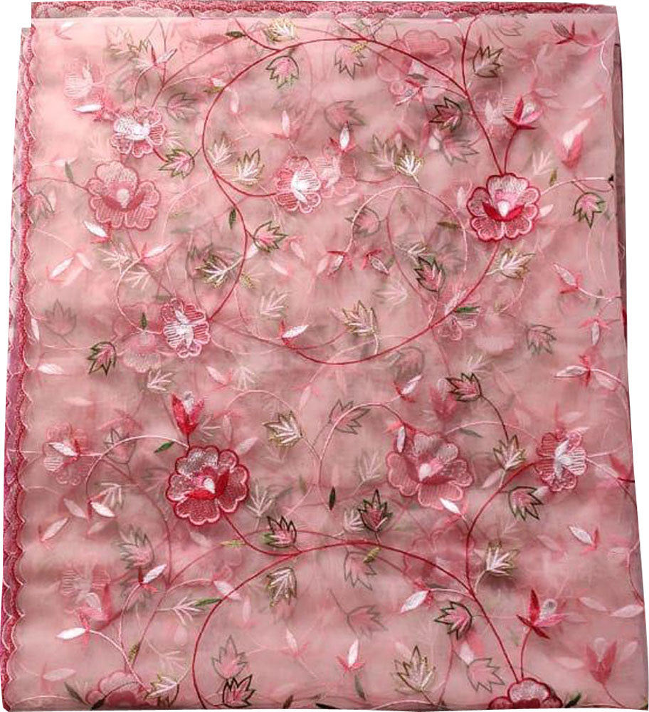 Pink Embroidered Parsi Convent Work Net Flower Design Dupatta - Luxurion World