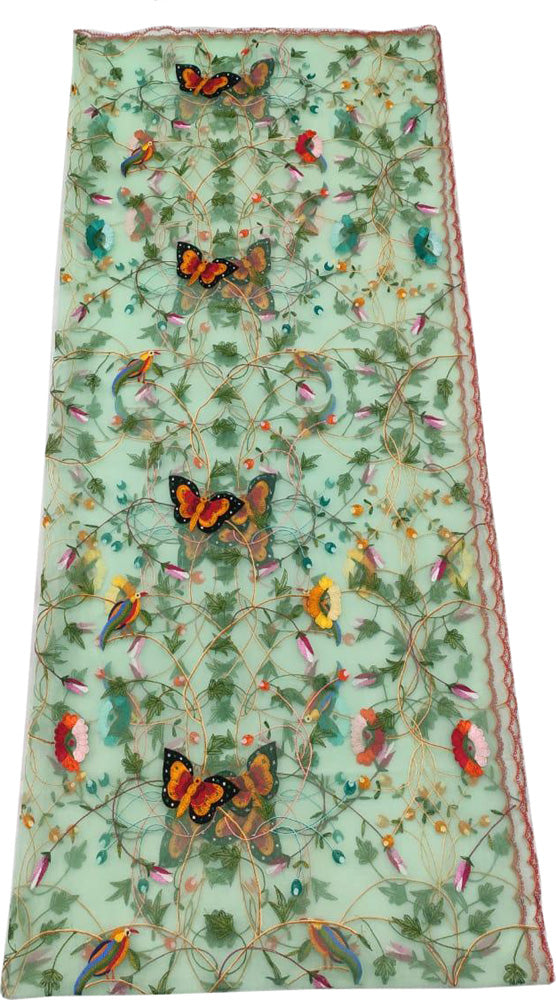 Green Embroidered Parsi Convent Work Net Bird And Flower Design Dupatta - Luxurion World