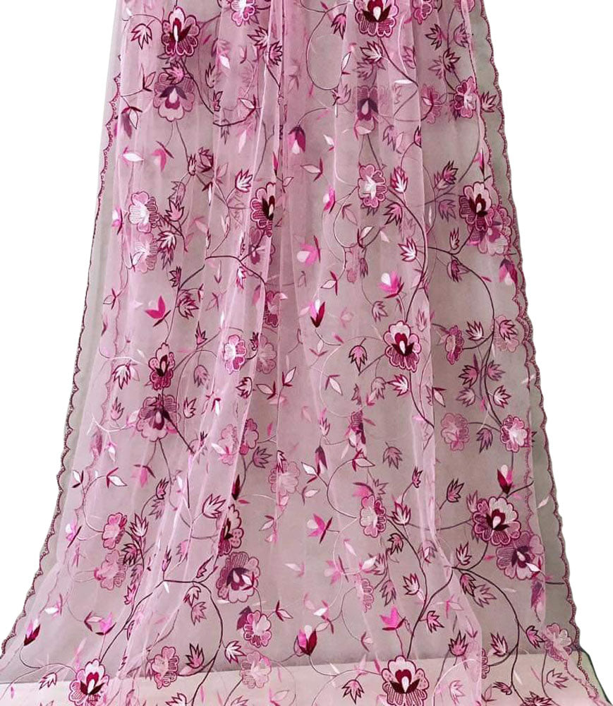 Pink Embroidered Parsi Convent Work Net Flower Design Dupatta - Luxurion World