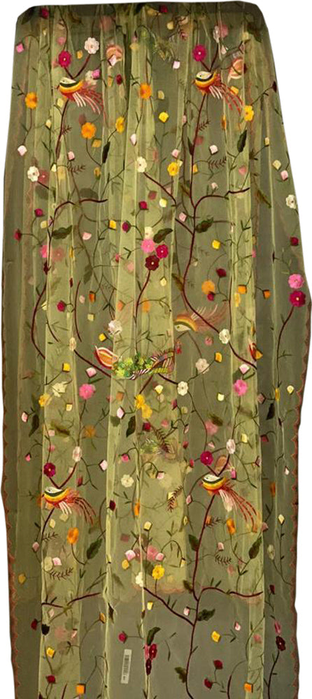 Yellow Embroidered Parsi Convent Work Net Bird And Flower Design Dupatta - Luxurion World