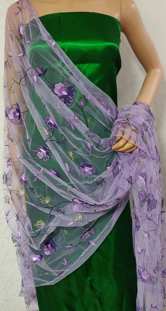 Purple Hand Embroidered Parsi Convent Work Net Dupatta - Luxurion World